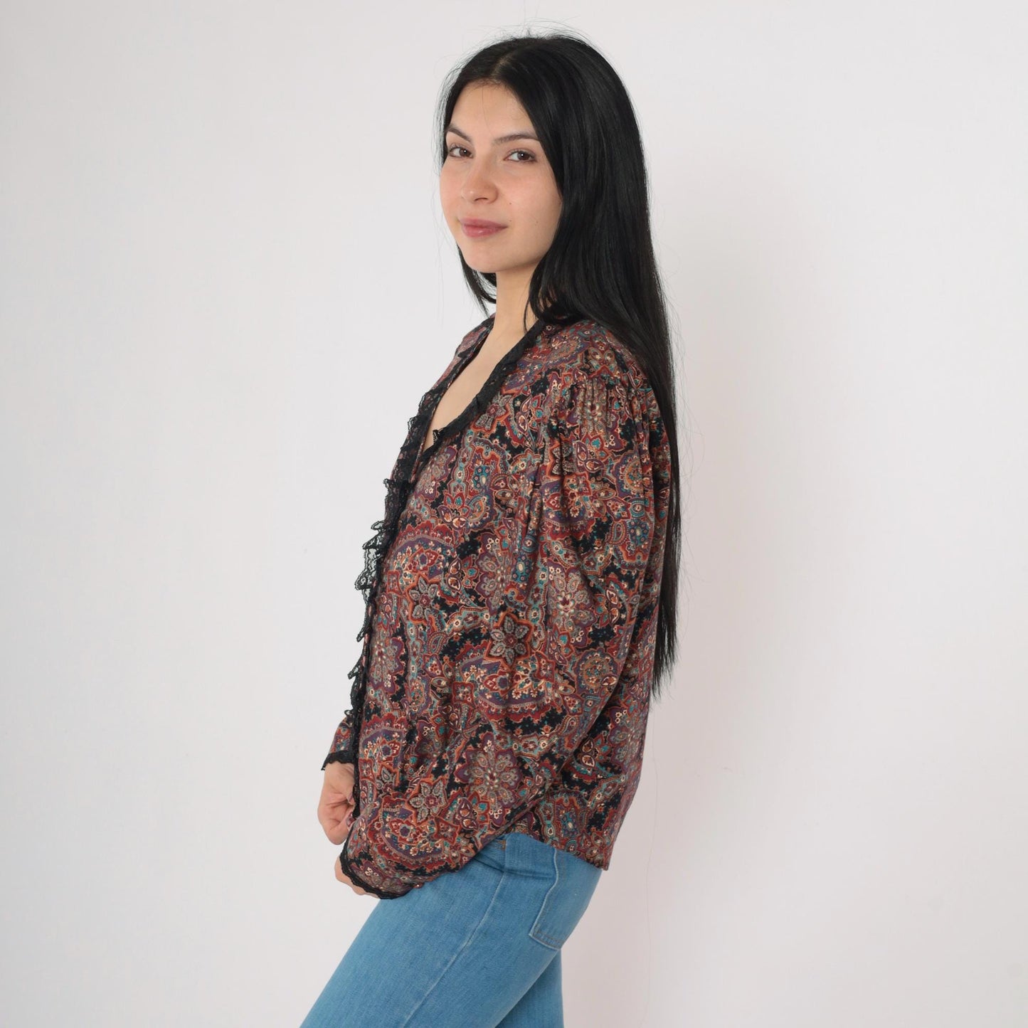 80s Paisley Button Up Blouse Puff Sleeve Lace Trim Purple Large