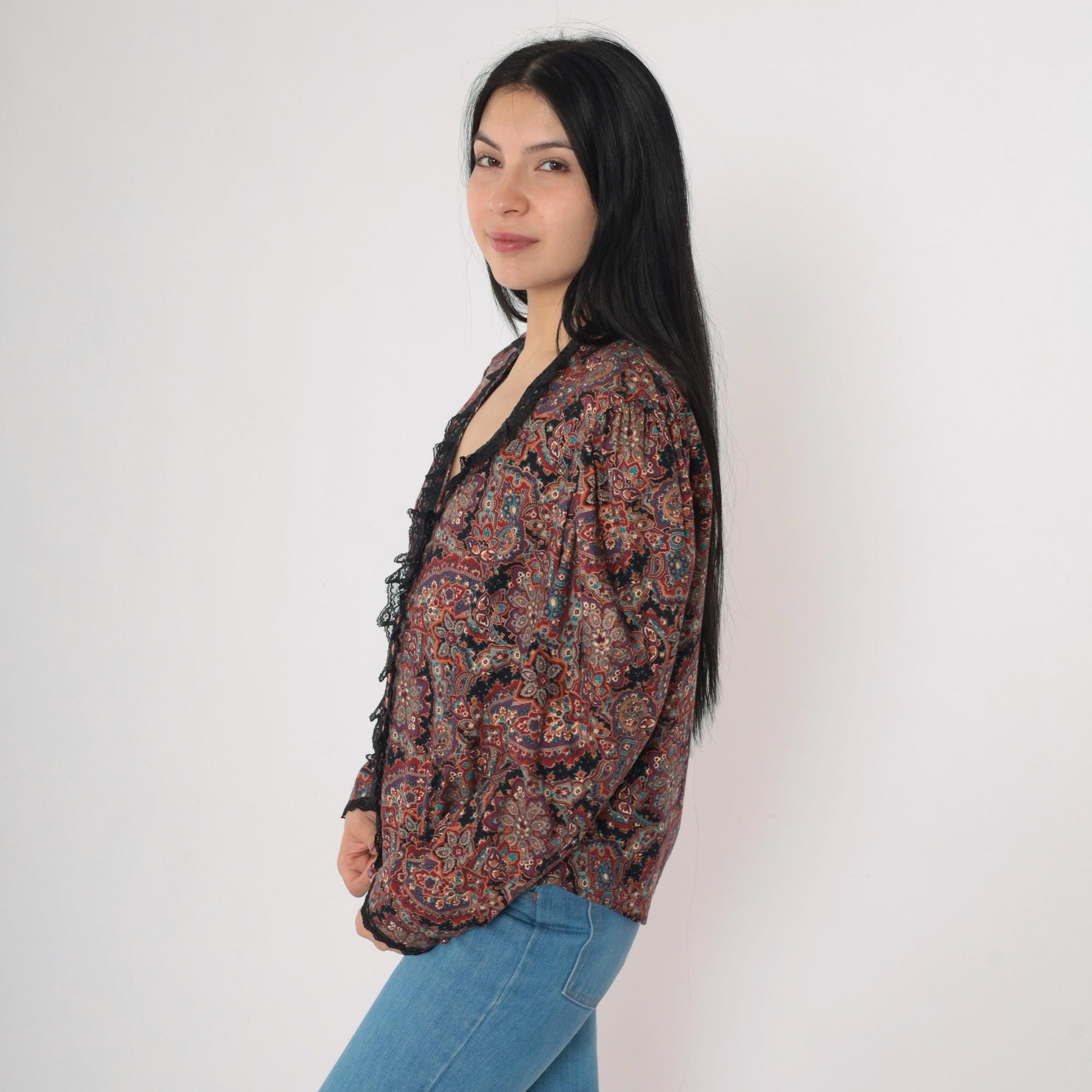 80s Paisley Button Up Blouse Puff Sleeve Lace Trim Purple Large