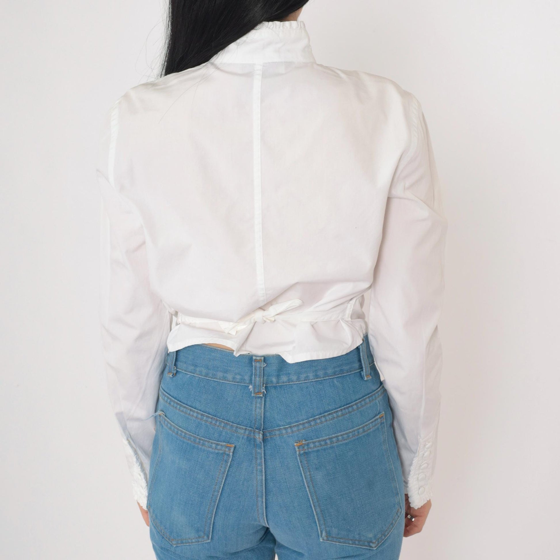 Y2K DKNY White Cotton Ruffle Blouse High Neck Button Up Small 6