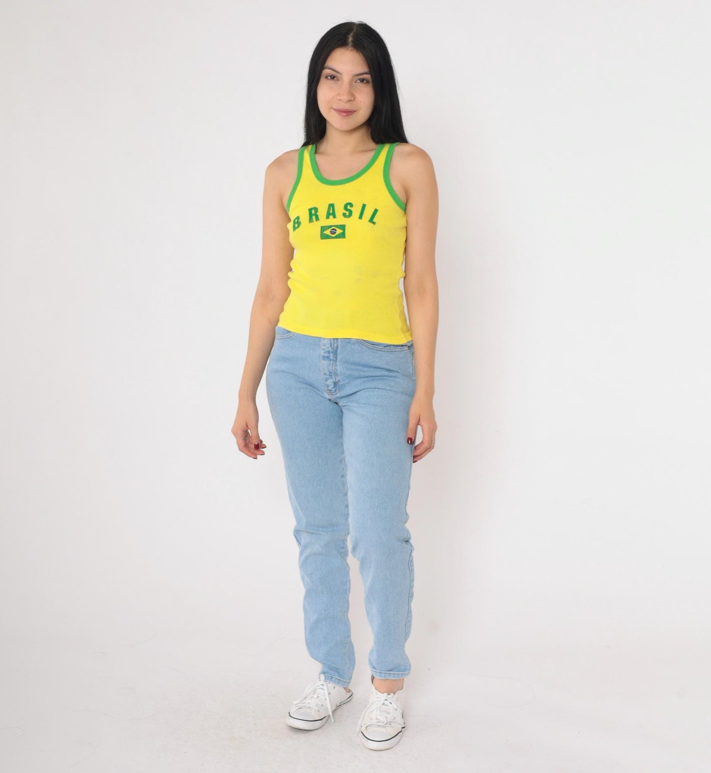 00s Brasil Tank Top Yellow Ringer Graphic Cotton Fitted Small S