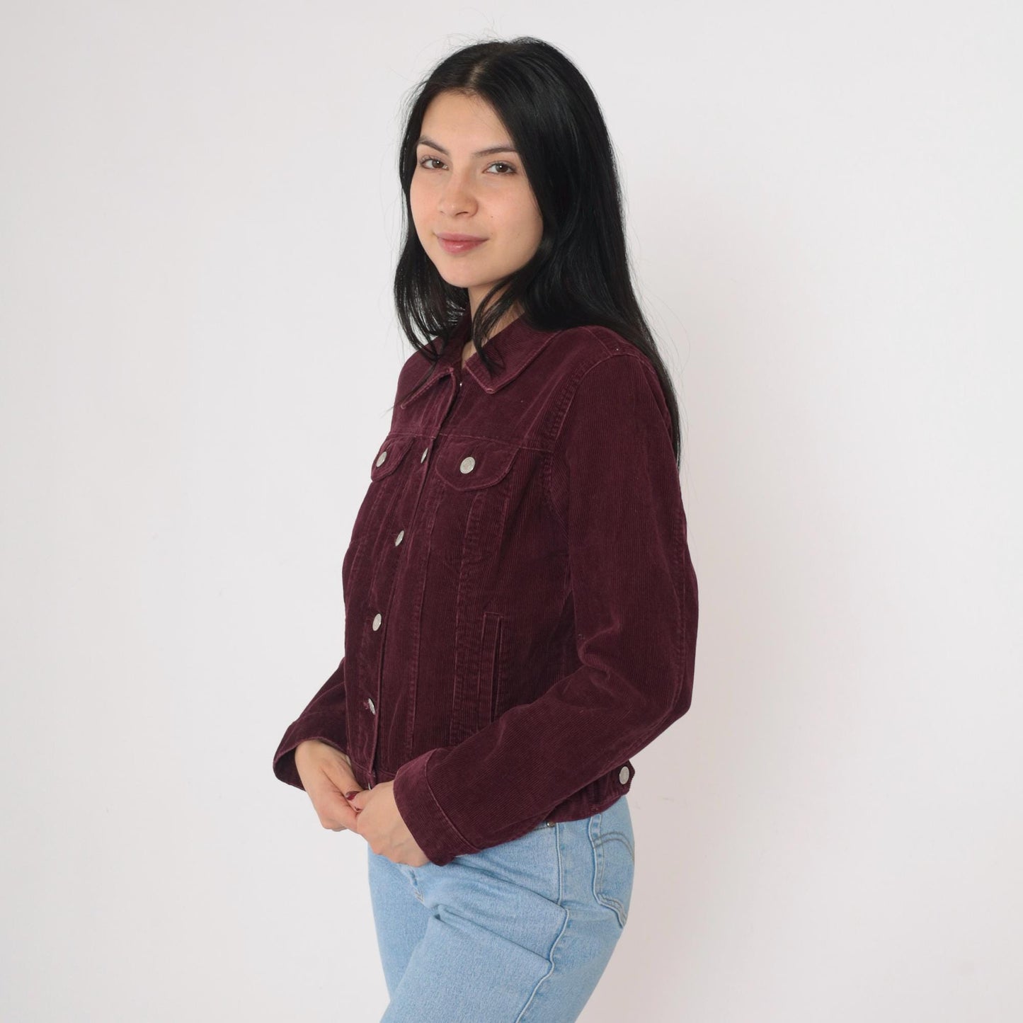2000s Old Navy Burgundy Corduroy Trucker Jacket Silver Buttons Small S
