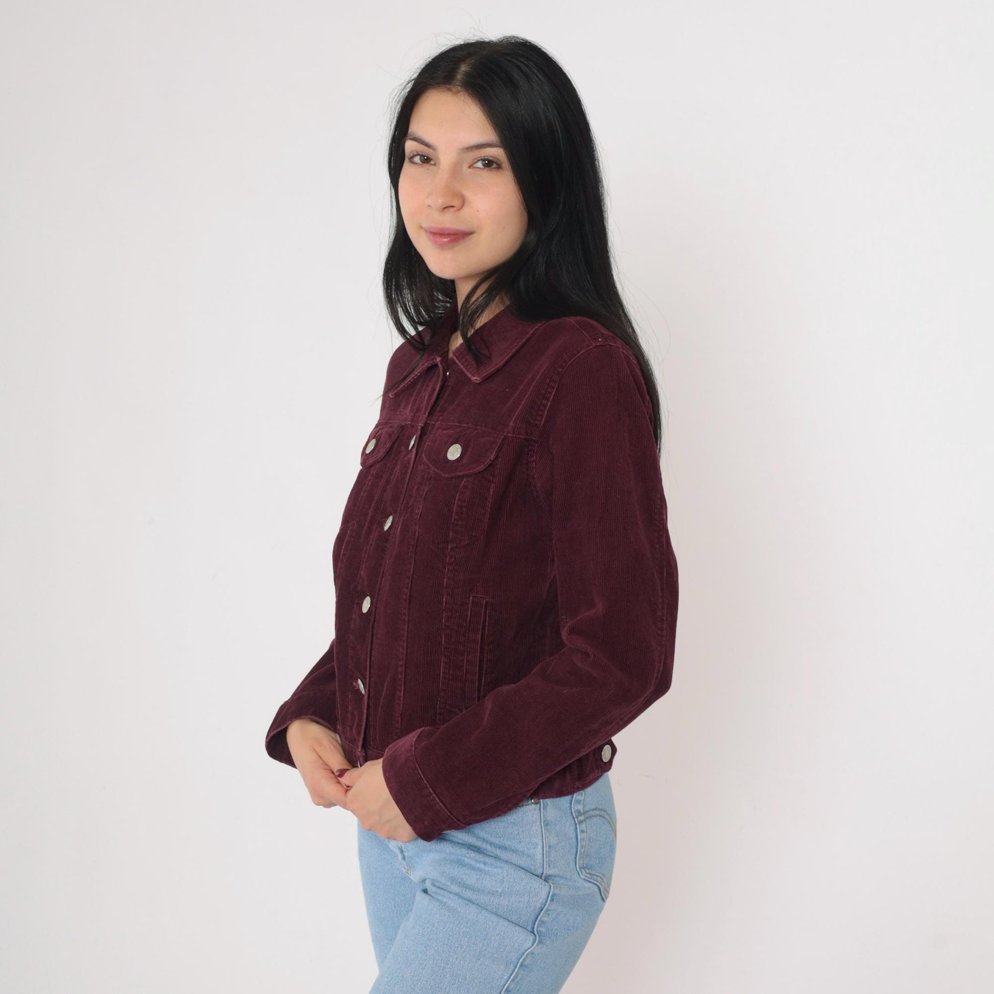 2000s Old Navy Burgundy Corduroy Trucker Jacket Silver Buttons Small S