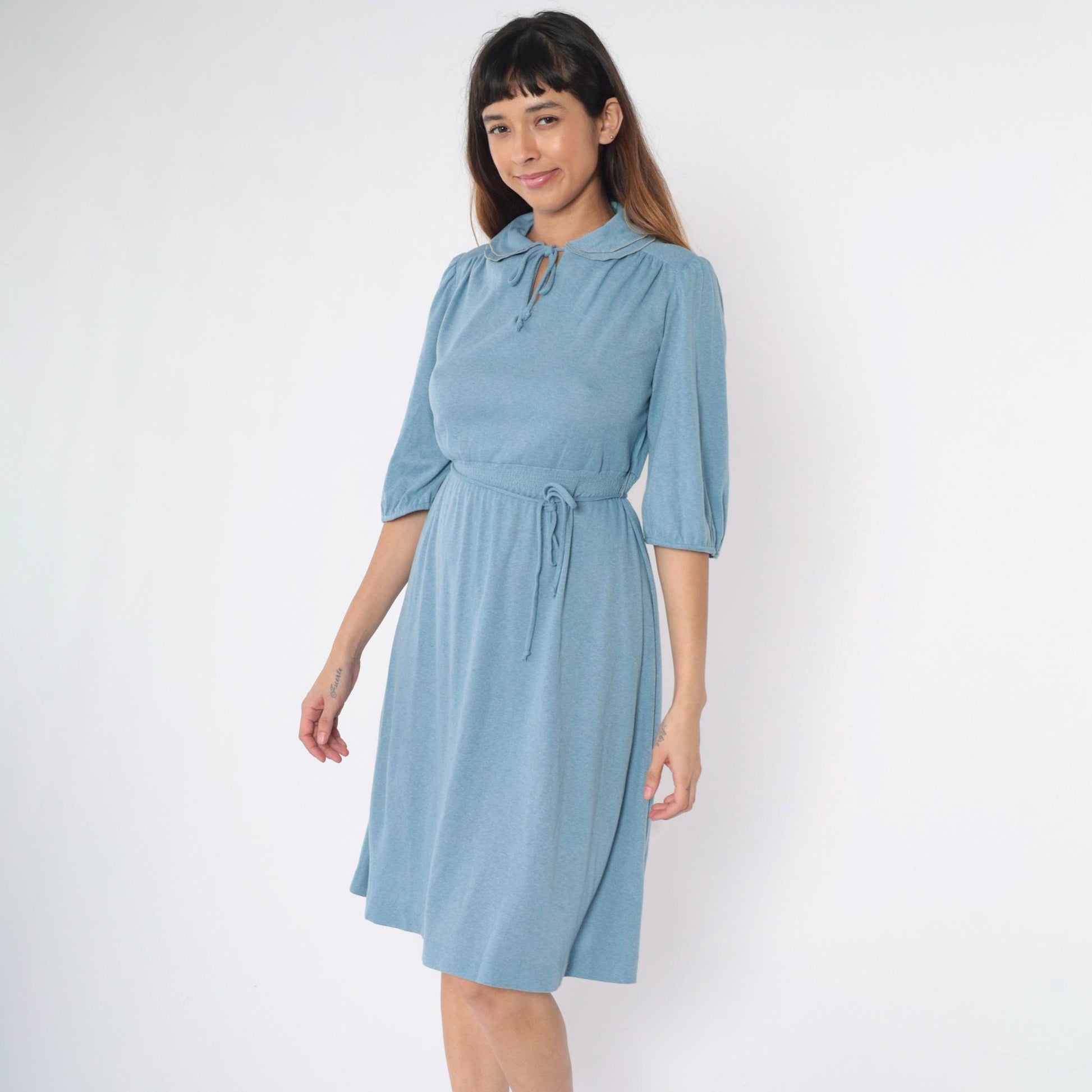 70s Monique Blue Midi Dress Peter Pan Collar Puff Sleeve Smocked Waist Small