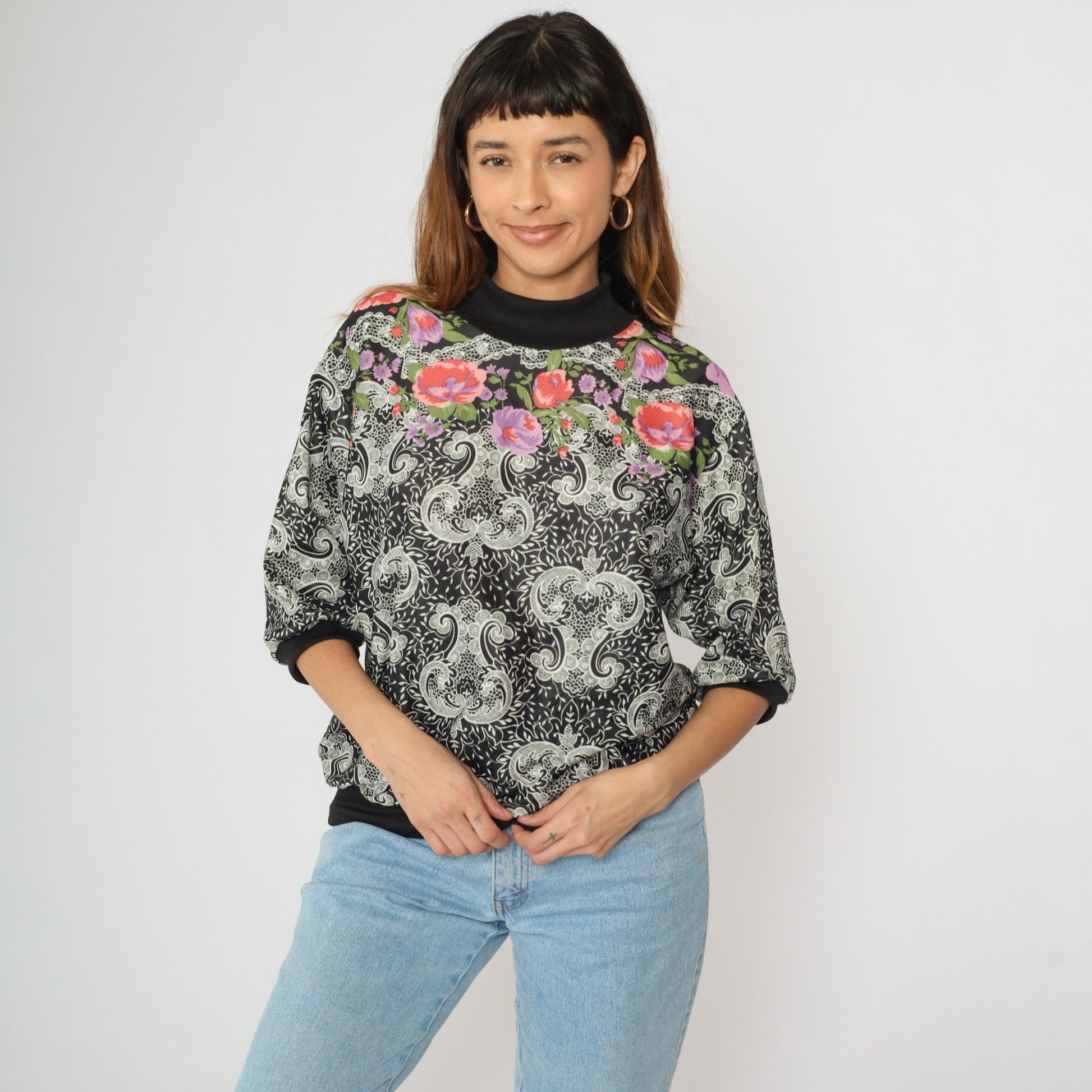 80s Black Floral Paisley Blouse Mock Neck 3/4 Sleeve Large L
