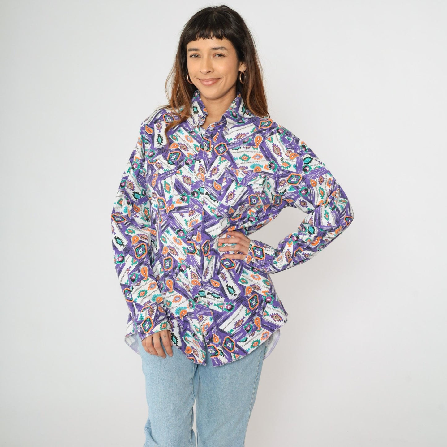 90s Wrangler Southwest Paisley Button Up Shirt Purple Men's X-Long