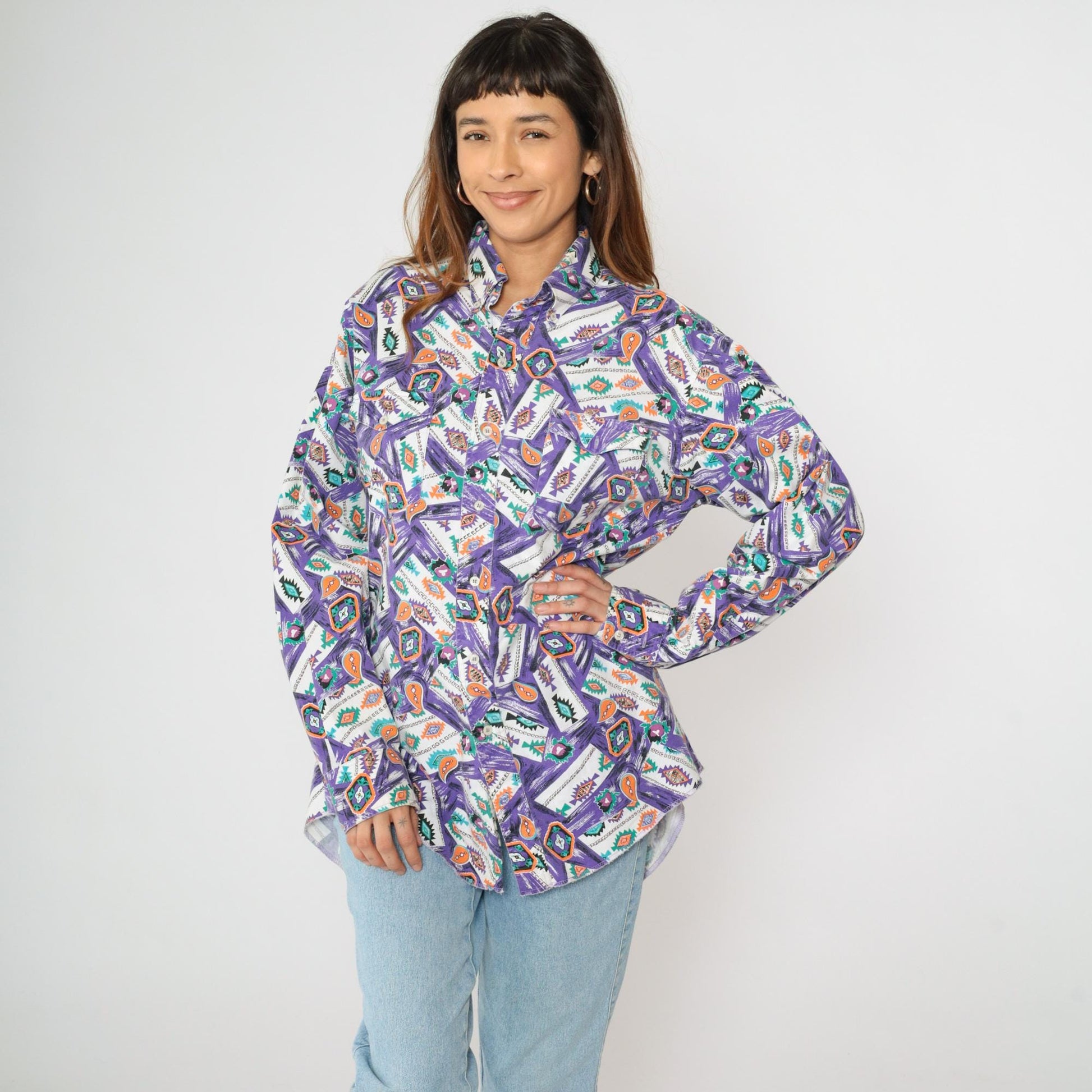 90s Wrangler Southwest Paisley Button Up Shirt Purple Men's X-Long