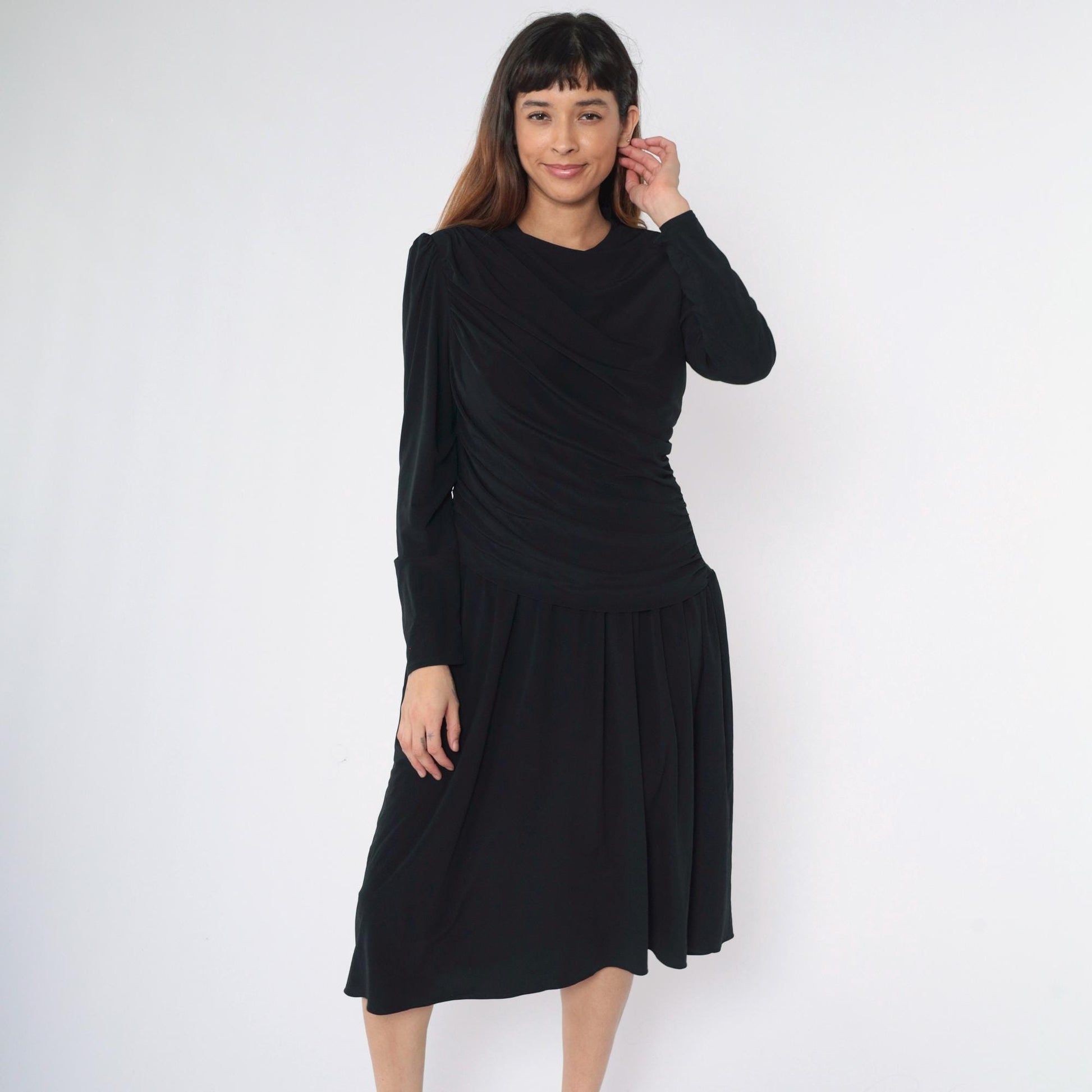 80s Saks Fifth Avenue Black Midi Dress Puff Sleeve Draped Ruched Medium