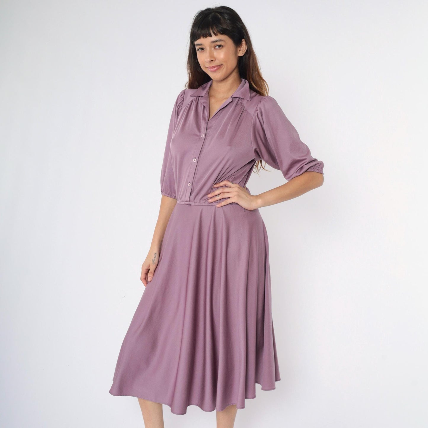 80s Purple Puff Sleeve Midi Shirtdress High Waist Button Up Medium Large