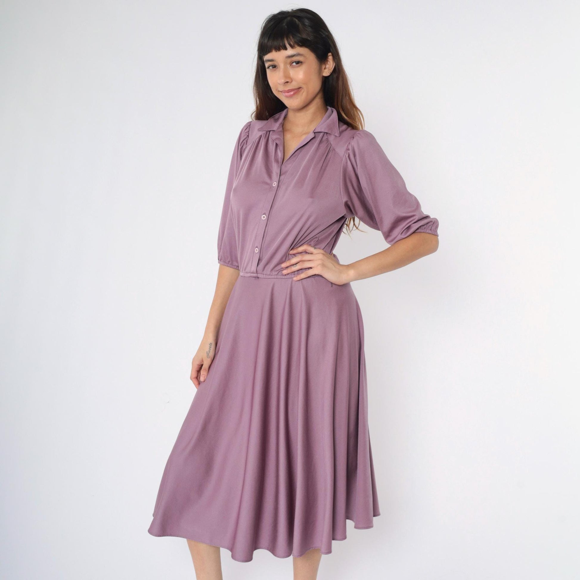 80s Purple Puff Sleeve Midi Shirtdress High Waist Button Up Medium Large