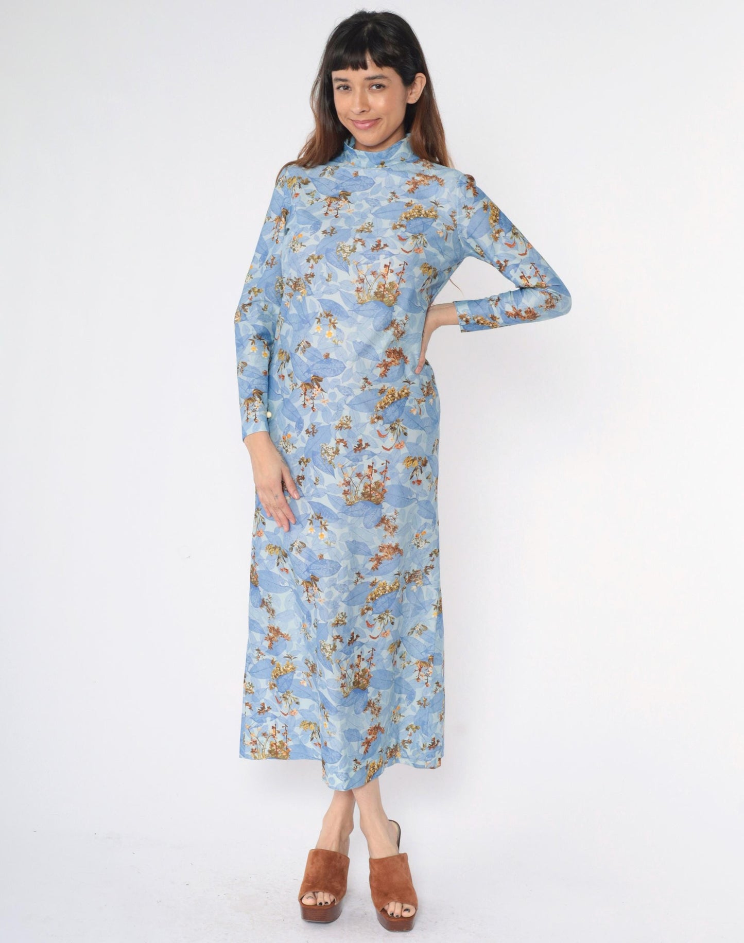 70s Blue Floral Maxi Dress Mock Neck Long Sleeve Small