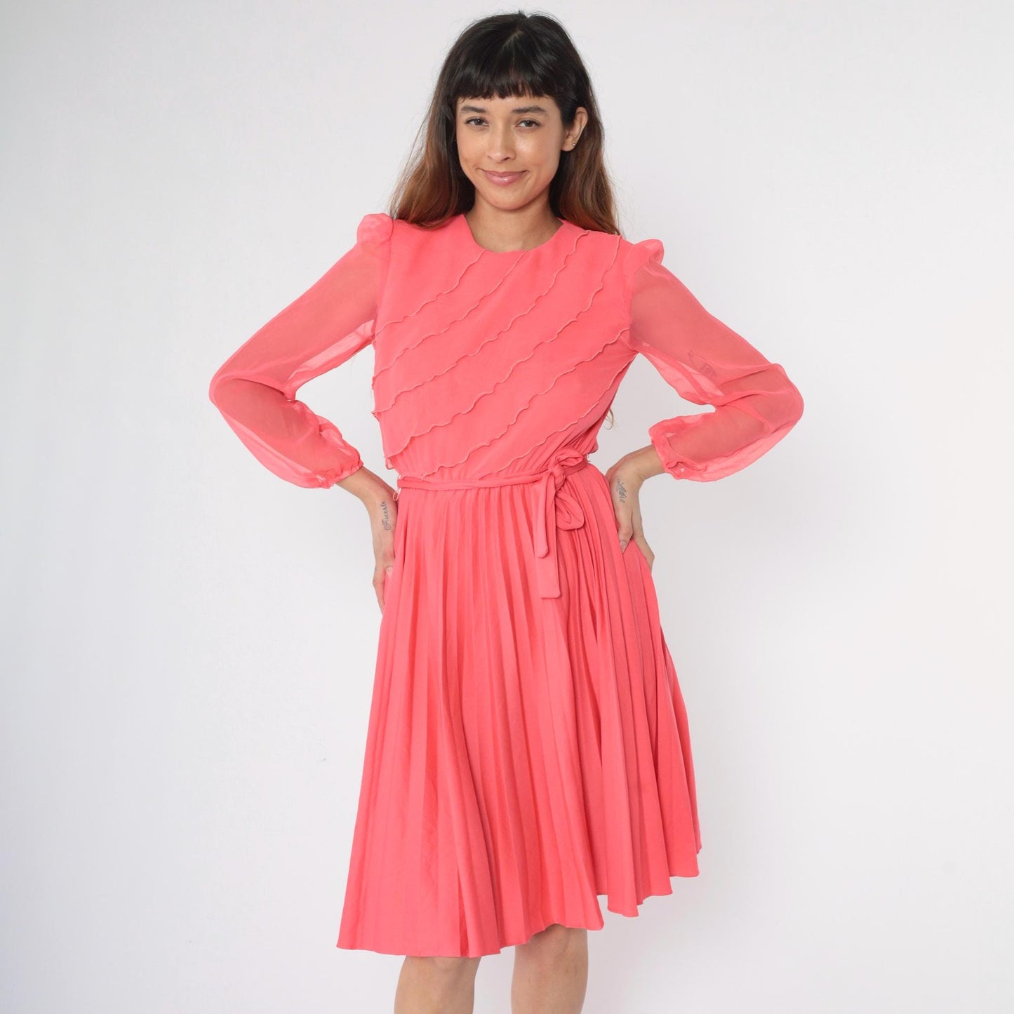 70s Pink Chiffon Ruffle Midi Dress Pleated Elastic Waist Small S