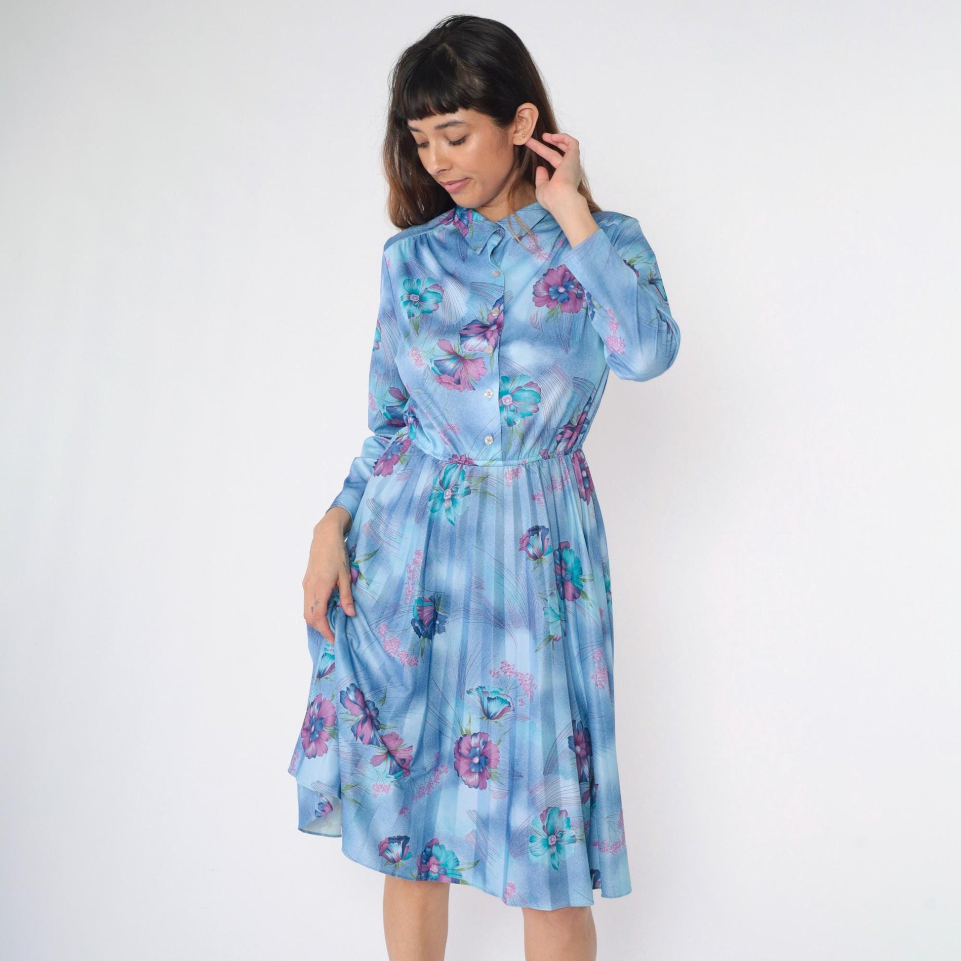 70s Sears Floral Midi Shirt Dress Blue High Waist Pleated Medium
