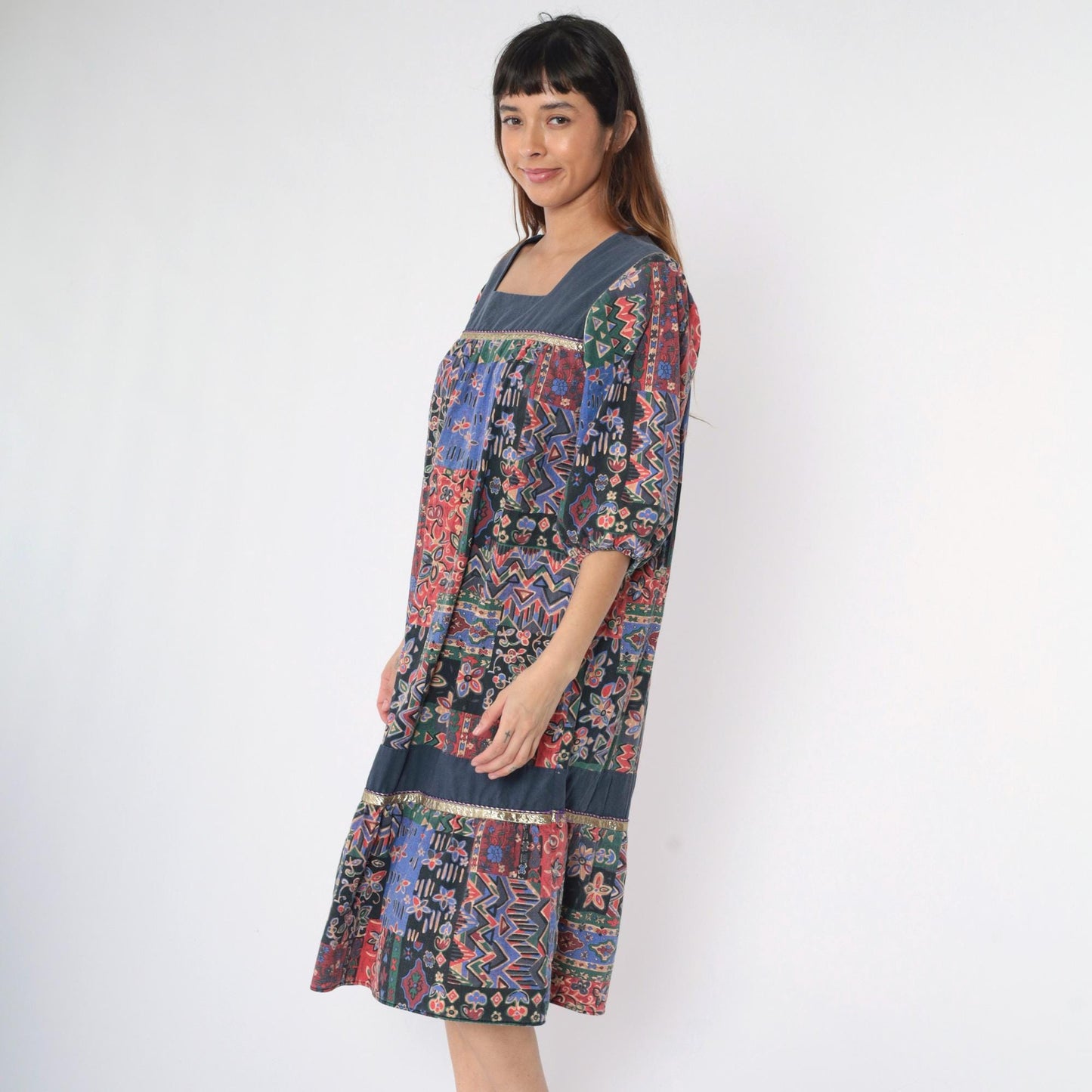 80s Patchwork Midi Dress Floral Geometric Square Neck Puff Sleeve Tiered Medium Large