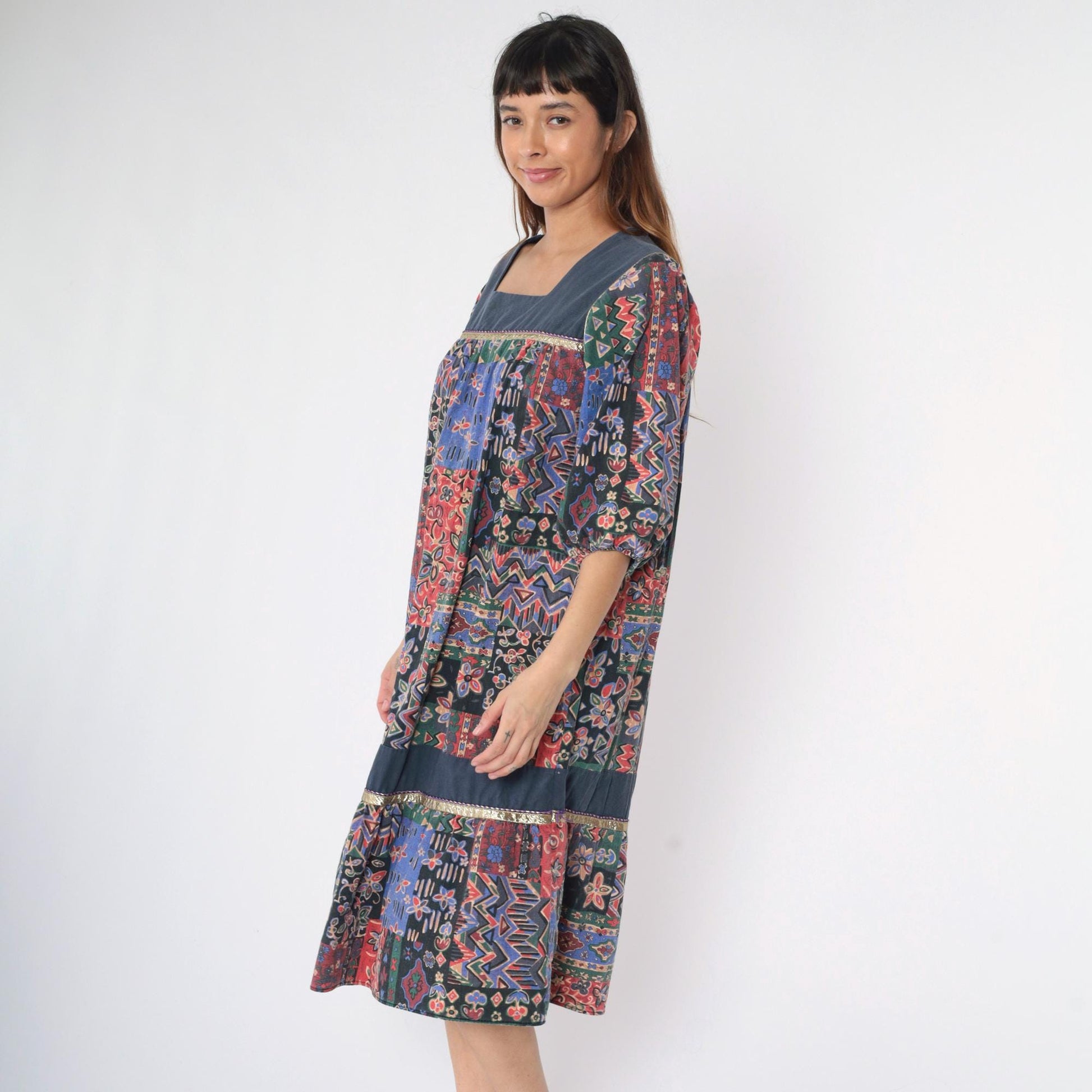 80s Patchwork Midi Dress Floral Geometric Square Neck Puff Sleeve Tiered Medium Large