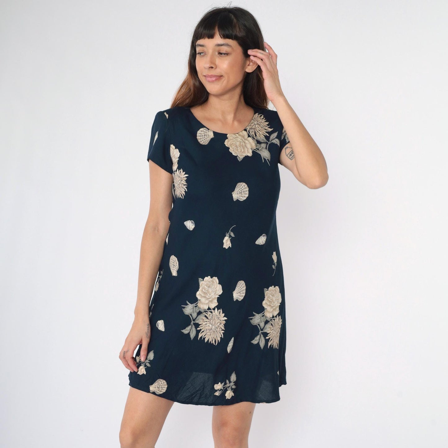 90s Jessica Howard Petite Navy Floral Seashell Mini Shift Dress Small 6