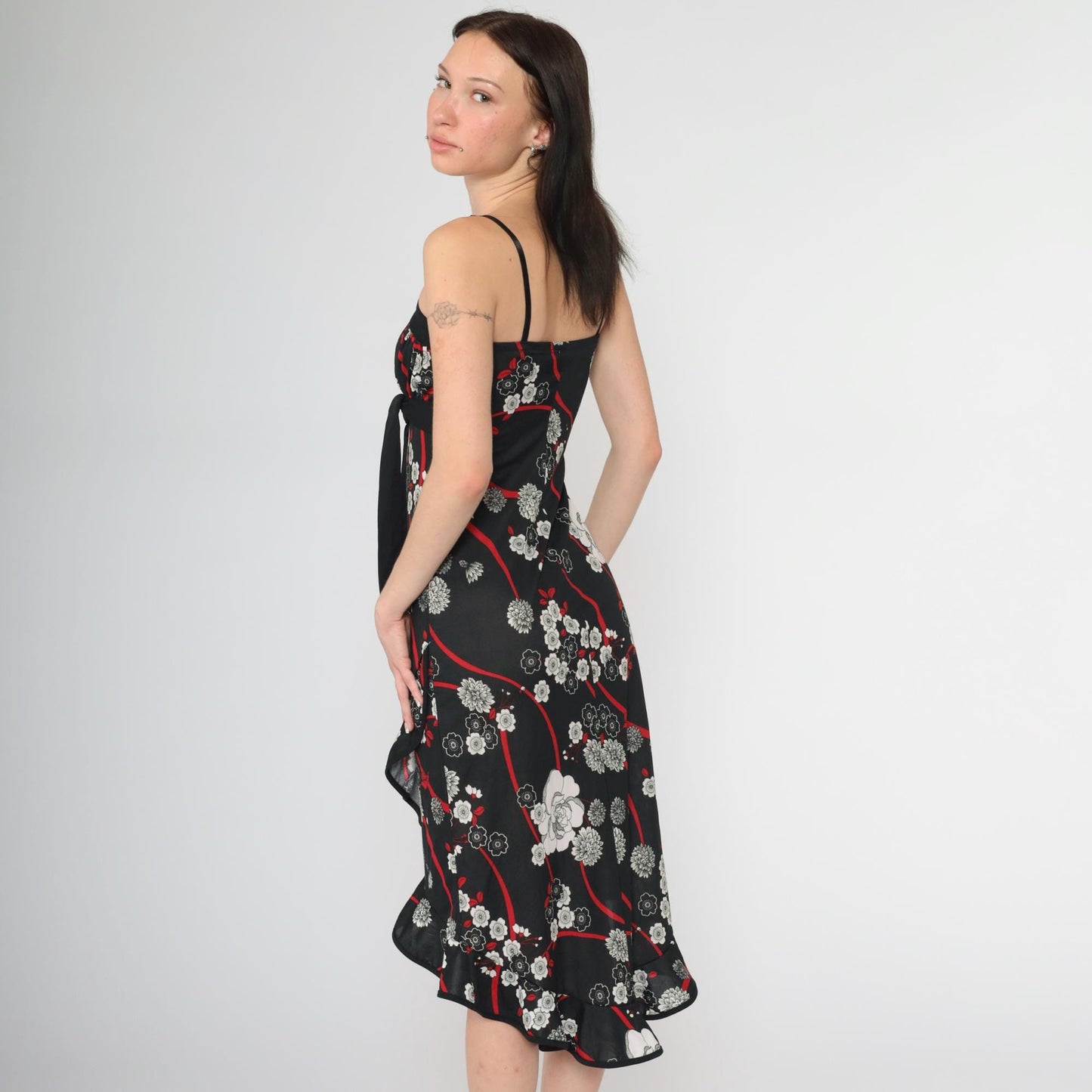 Y2K Black Floral Midi Dress Waterfall Hem Empire Waist Spaghetti Strap Extra Small