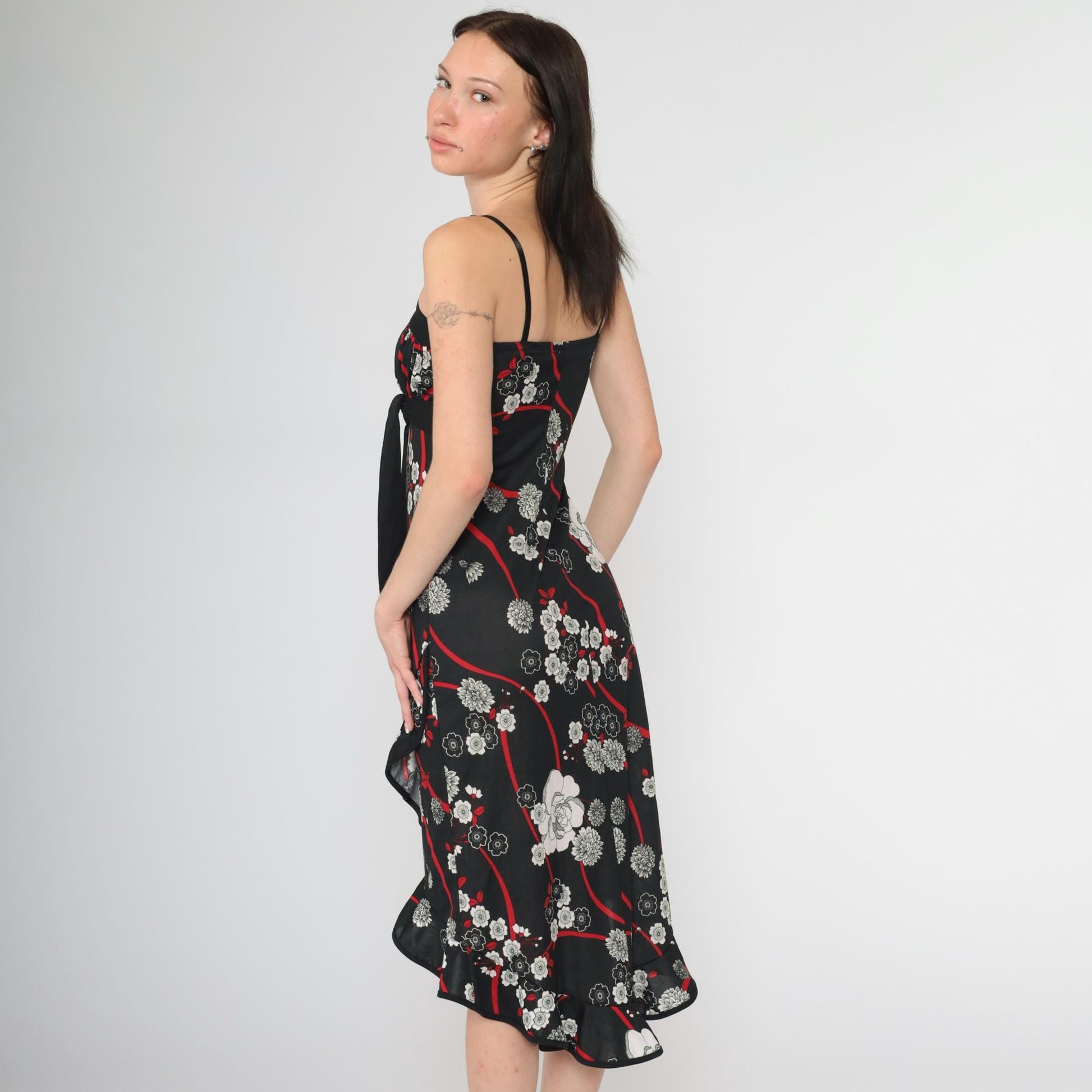 Y2K Black Floral Midi Dress Waterfall Hem Empire Waist Spaghetti Strap Extra Small