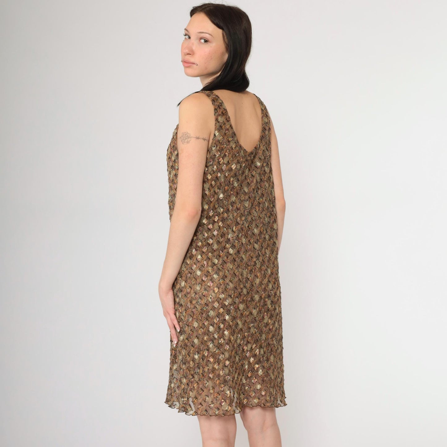90s Sheer Metallic Floral Abstract Chiffon Mini Dress Scoop Neck Sleeveless Large L