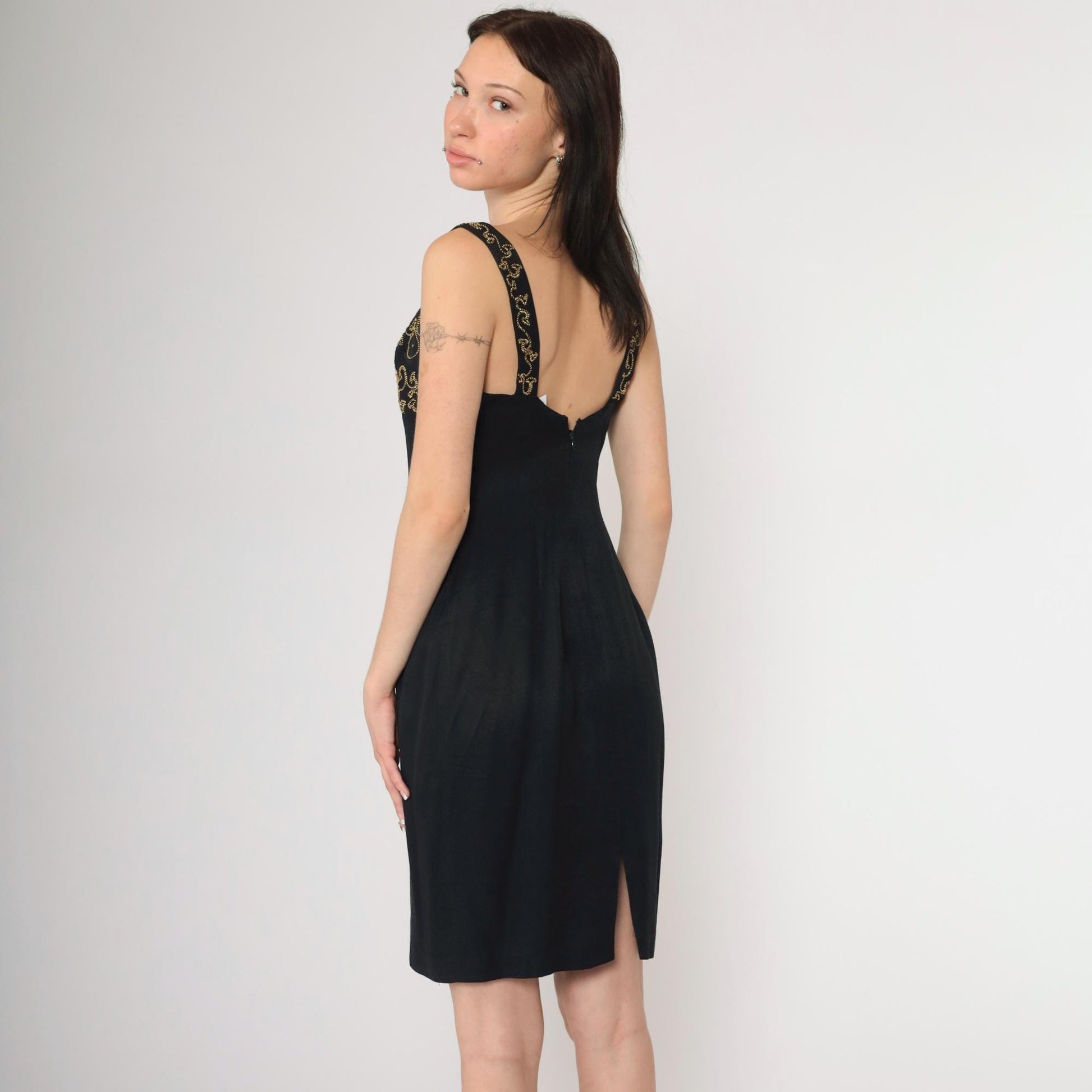 90s Black Mini Dress Gold Soutache Rhinestone Empire Waist Sweetheart Small