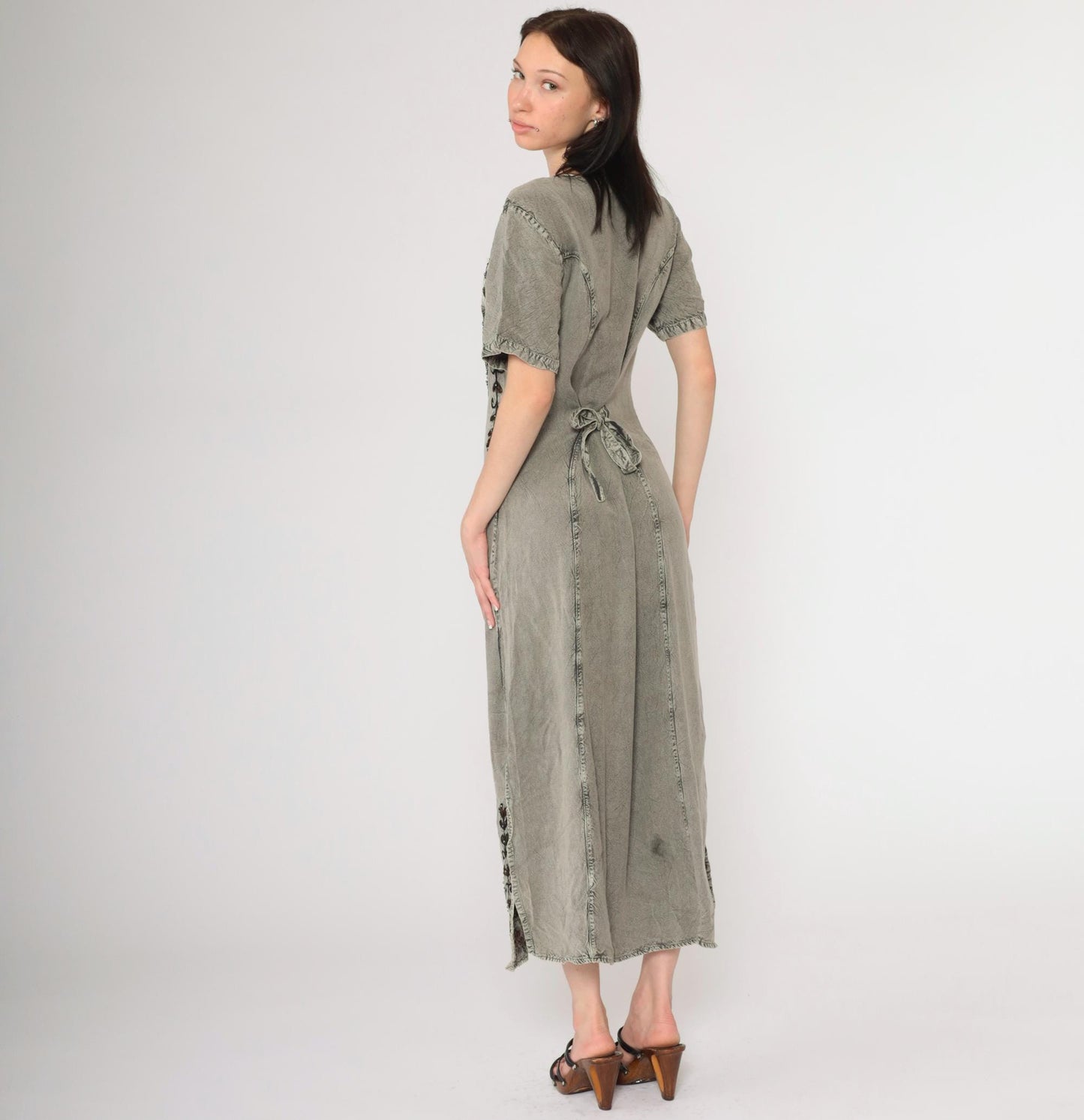 Y2K MPH Indian Embroidered Maxi Dress Grey Beaded Floral Short Sleeve Medium