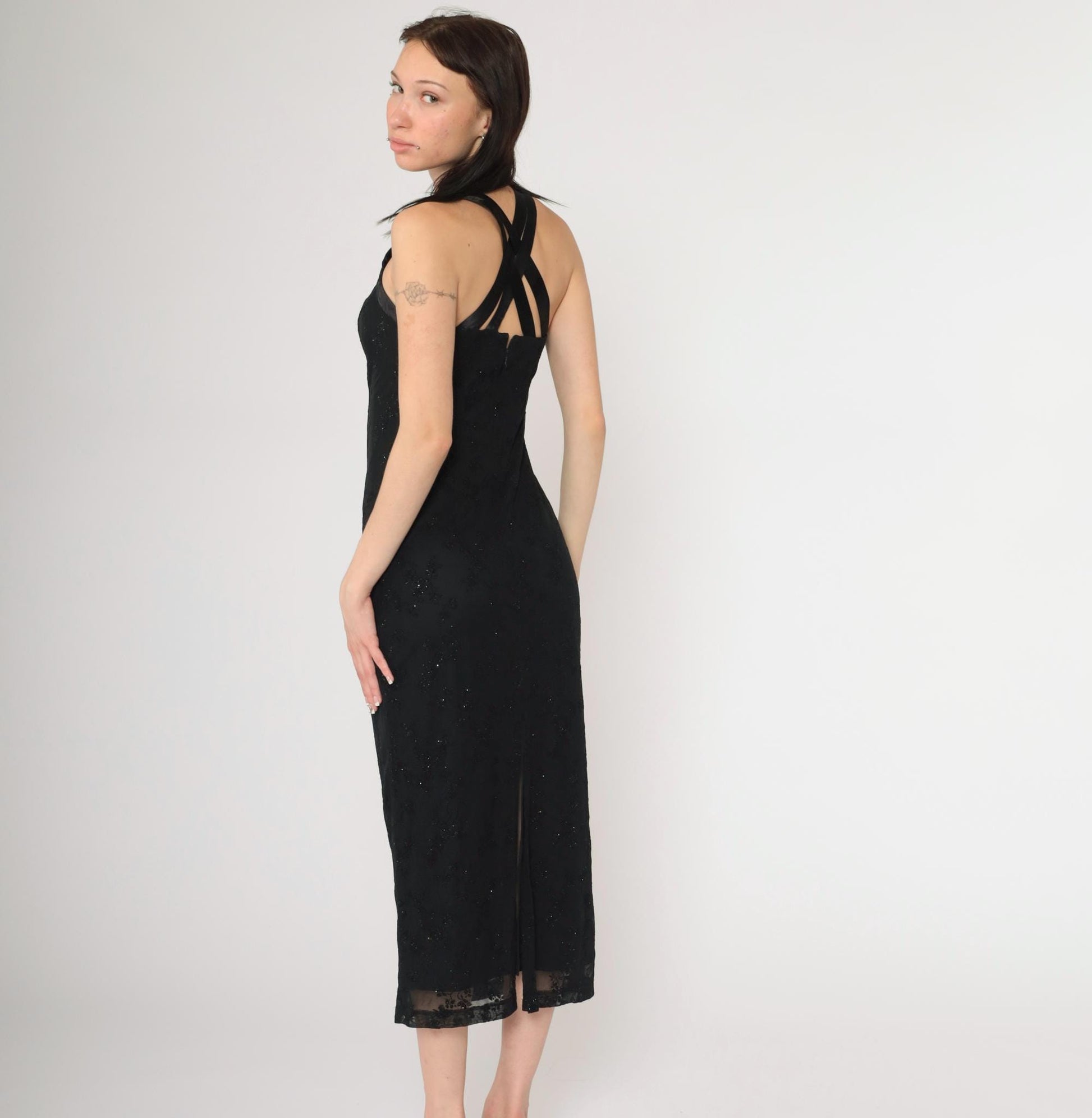90s Black Flocked Velvet Midi Dress Criss-Cross Satin Straps Y2K Extra Small