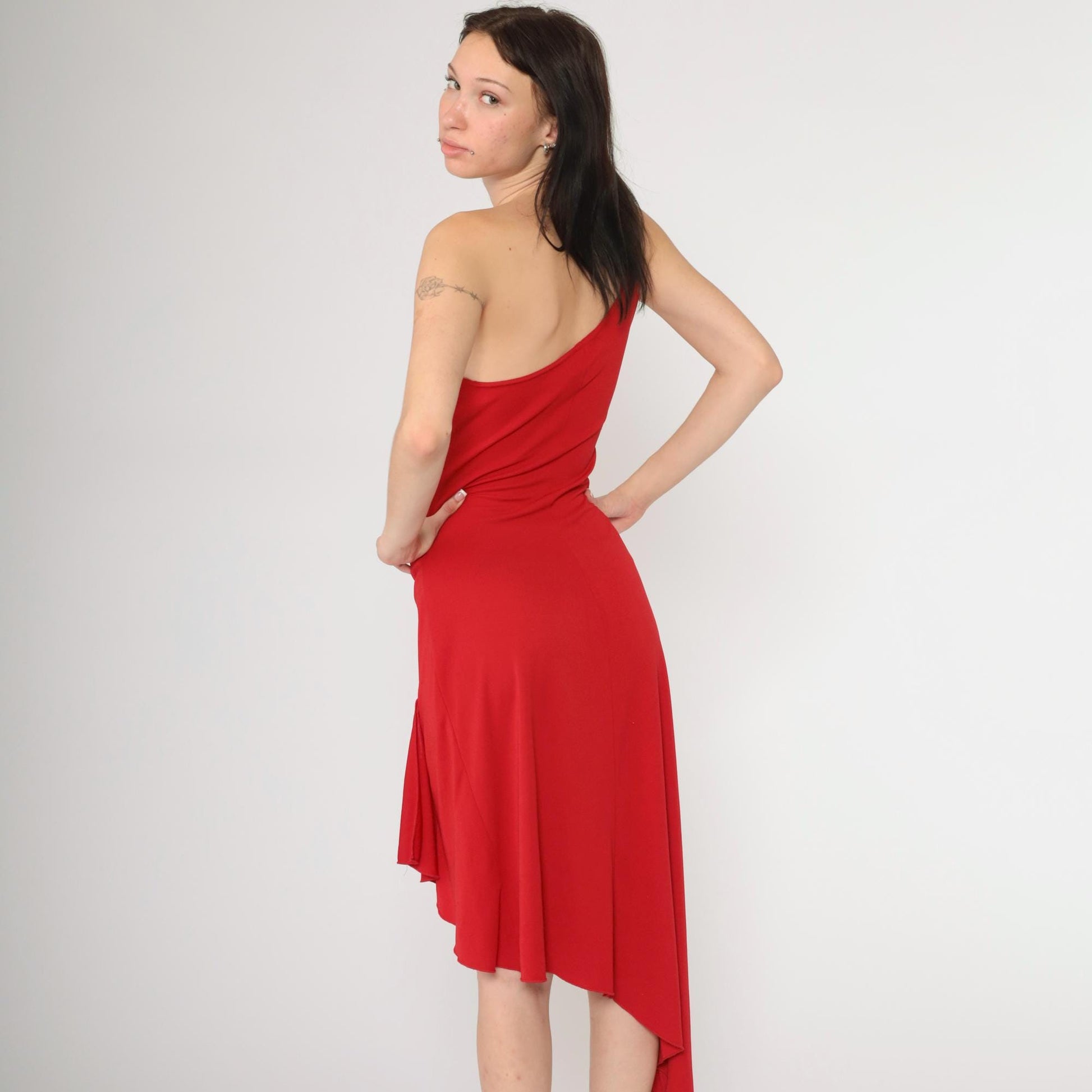 90s Red One-Shoulder Midi Dress Y2K Beaded Flower Asymmetrical Medium M