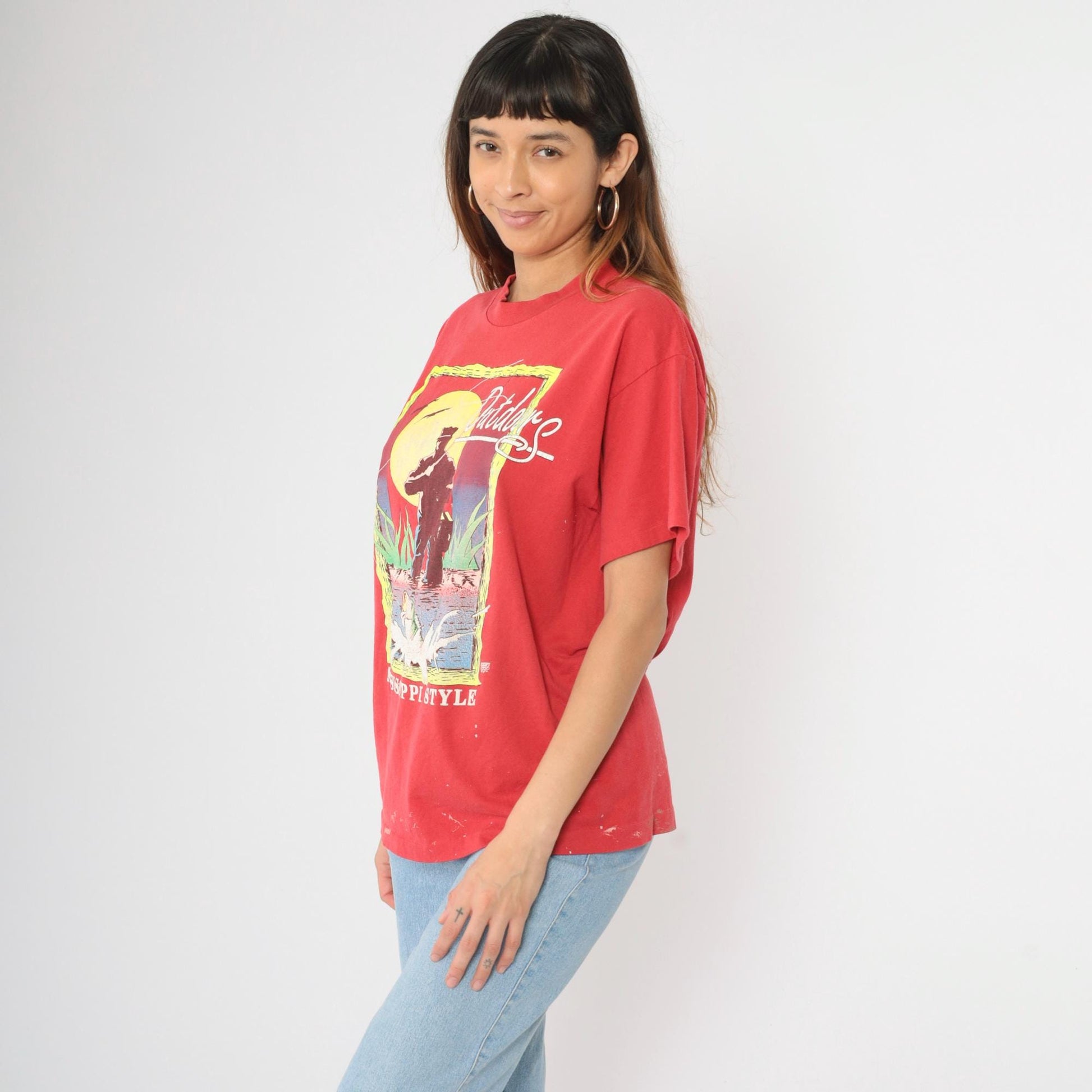 90s Mississippi Fishing Graphic T-Shirt Red Crewneck Large