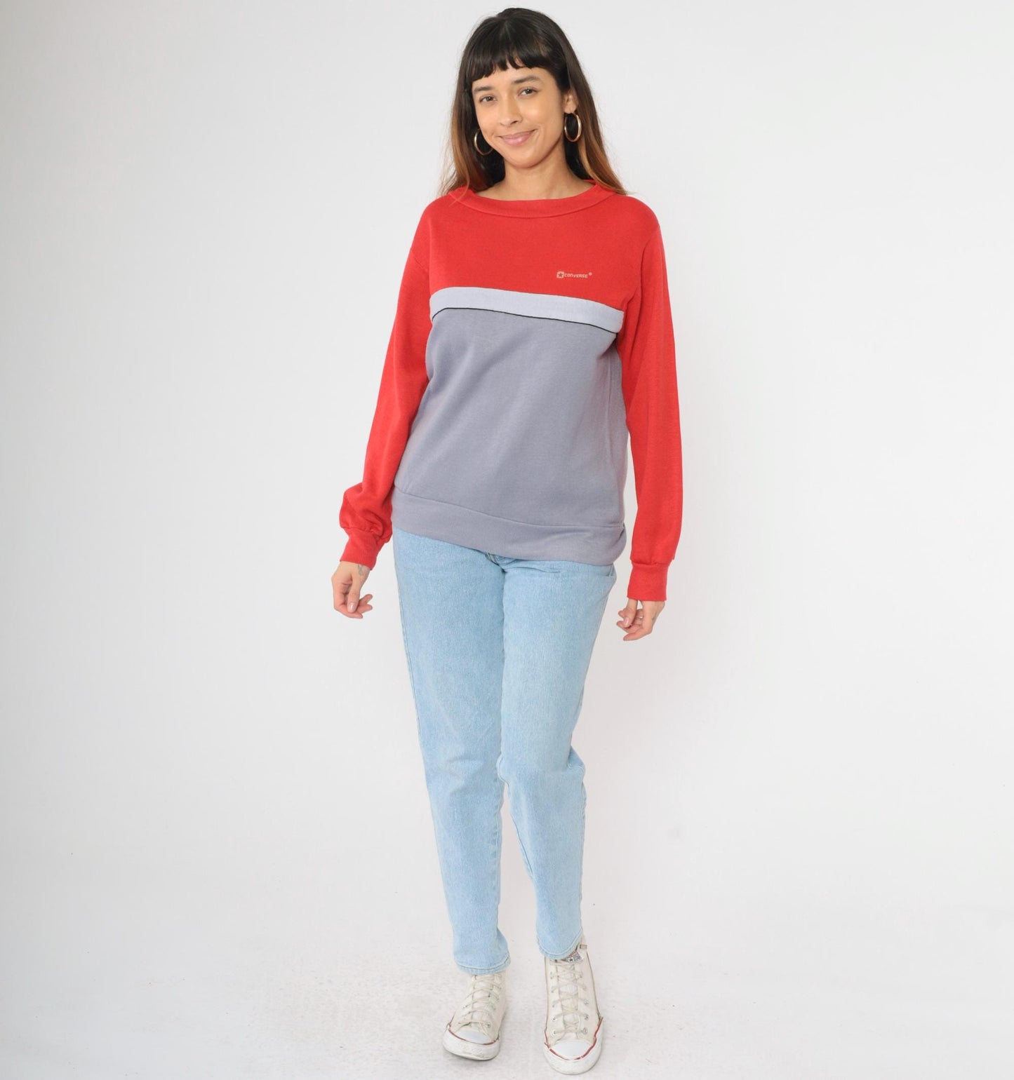 80s Converse Striped Sweatshirt Red Grey Color Block Crewneck Medium
