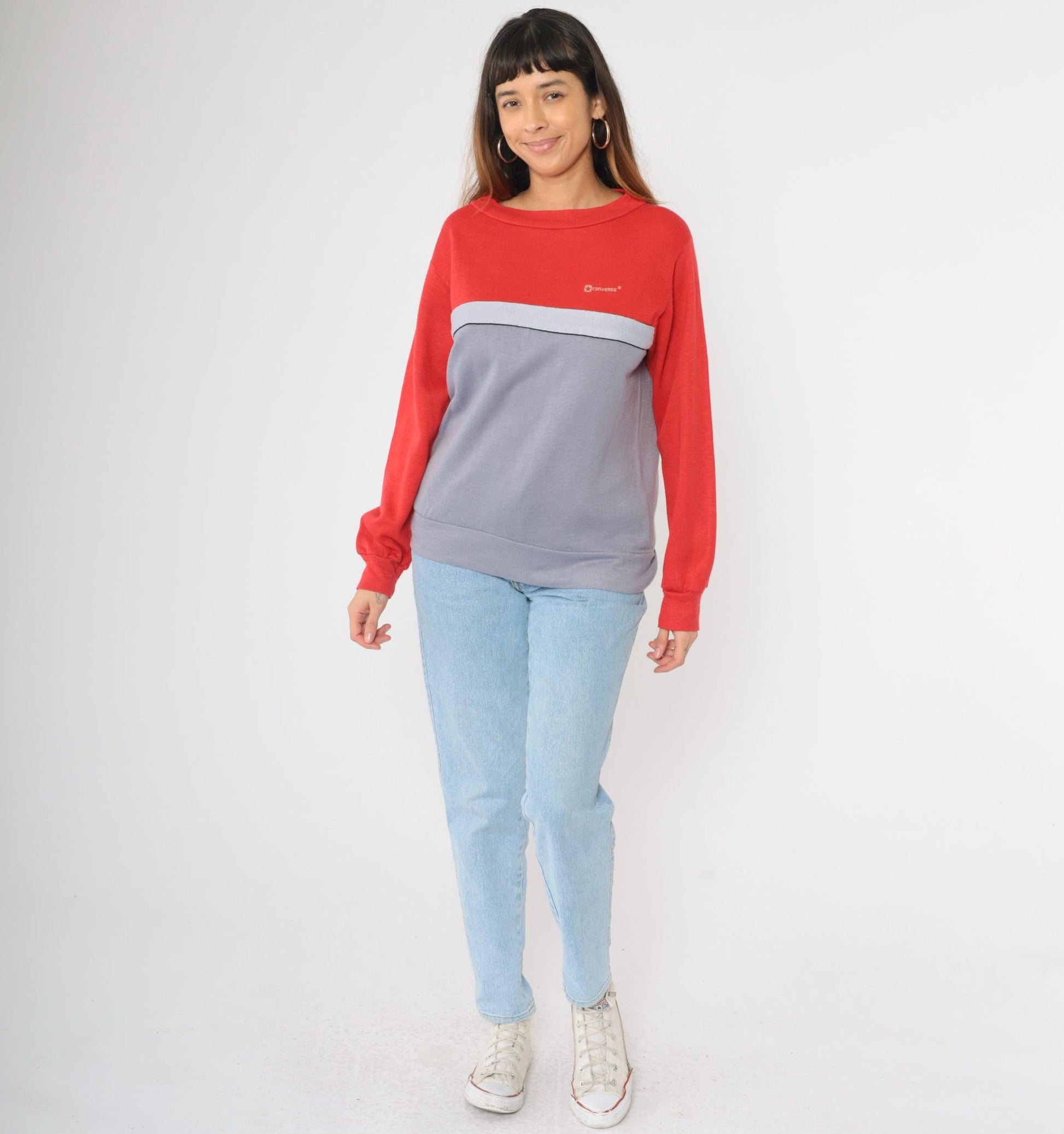 80s Converse Striped Sweatshirt Red Grey Color Block Crewneck Medium