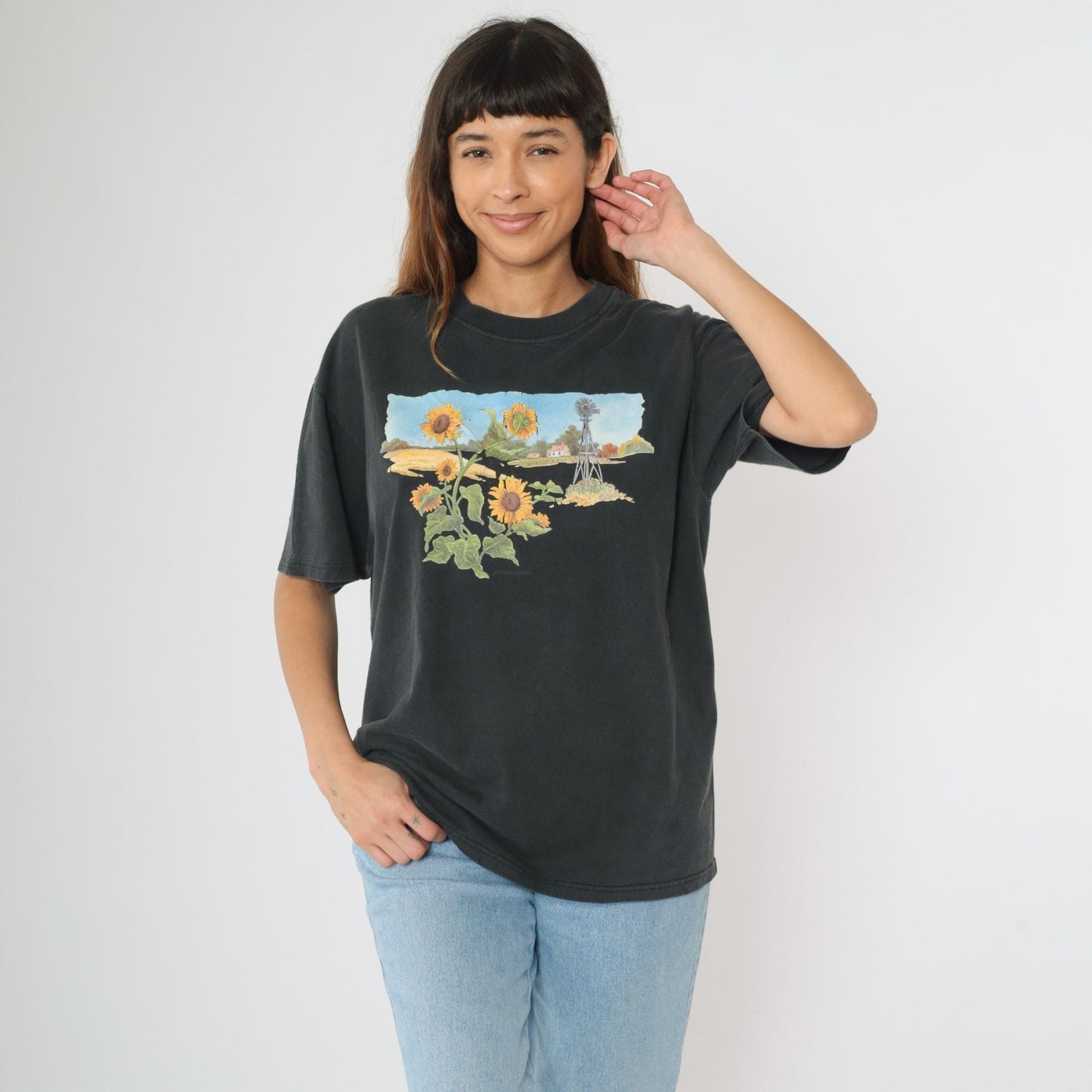Y2K Farm Windmill Sunflower Graphic T-Shirt Black Cotton Crewneck Medium