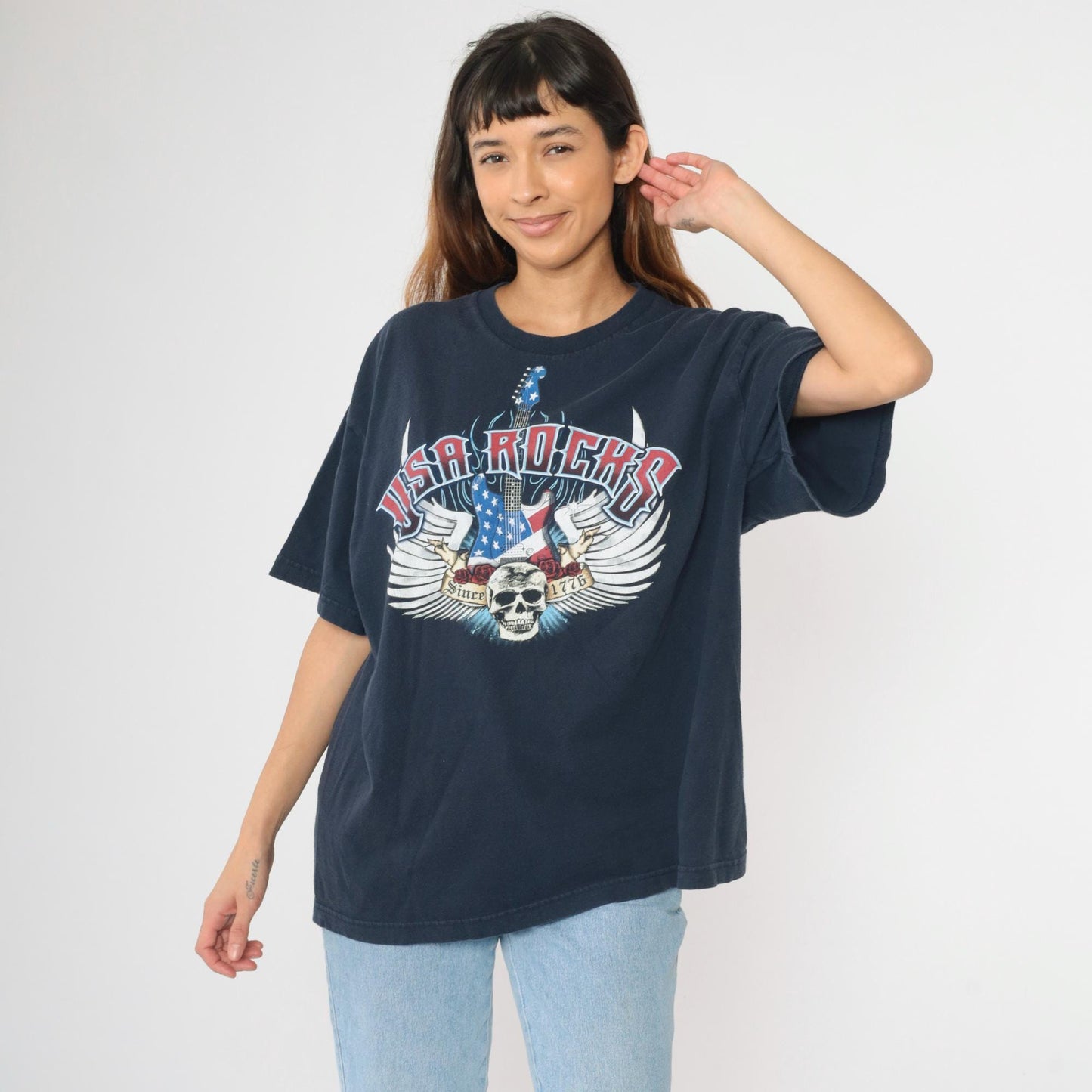 USA Rocks Skull Guitar Graphic T-Shirt Navy Cotton Crewneck Extra Large XL