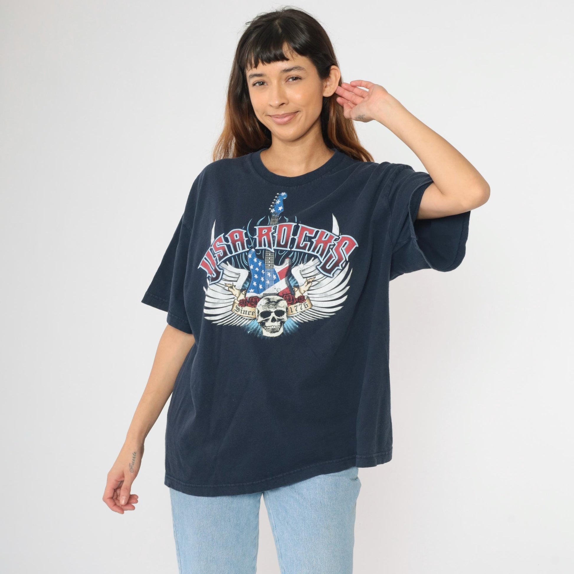 USA Rocks Skull Guitar Graphic T-Shirt Navy Cotton Crewneck Extra Large XL