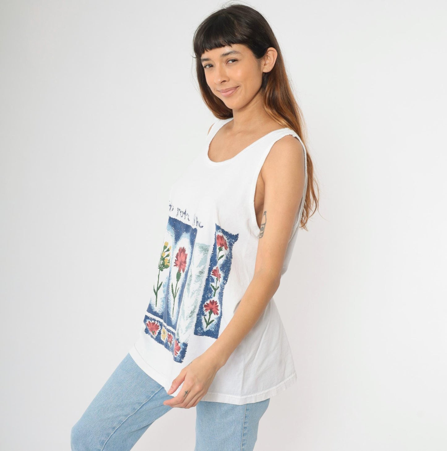 90s Floral Scoop Neck Tank Top White Botanical Graphic Large L