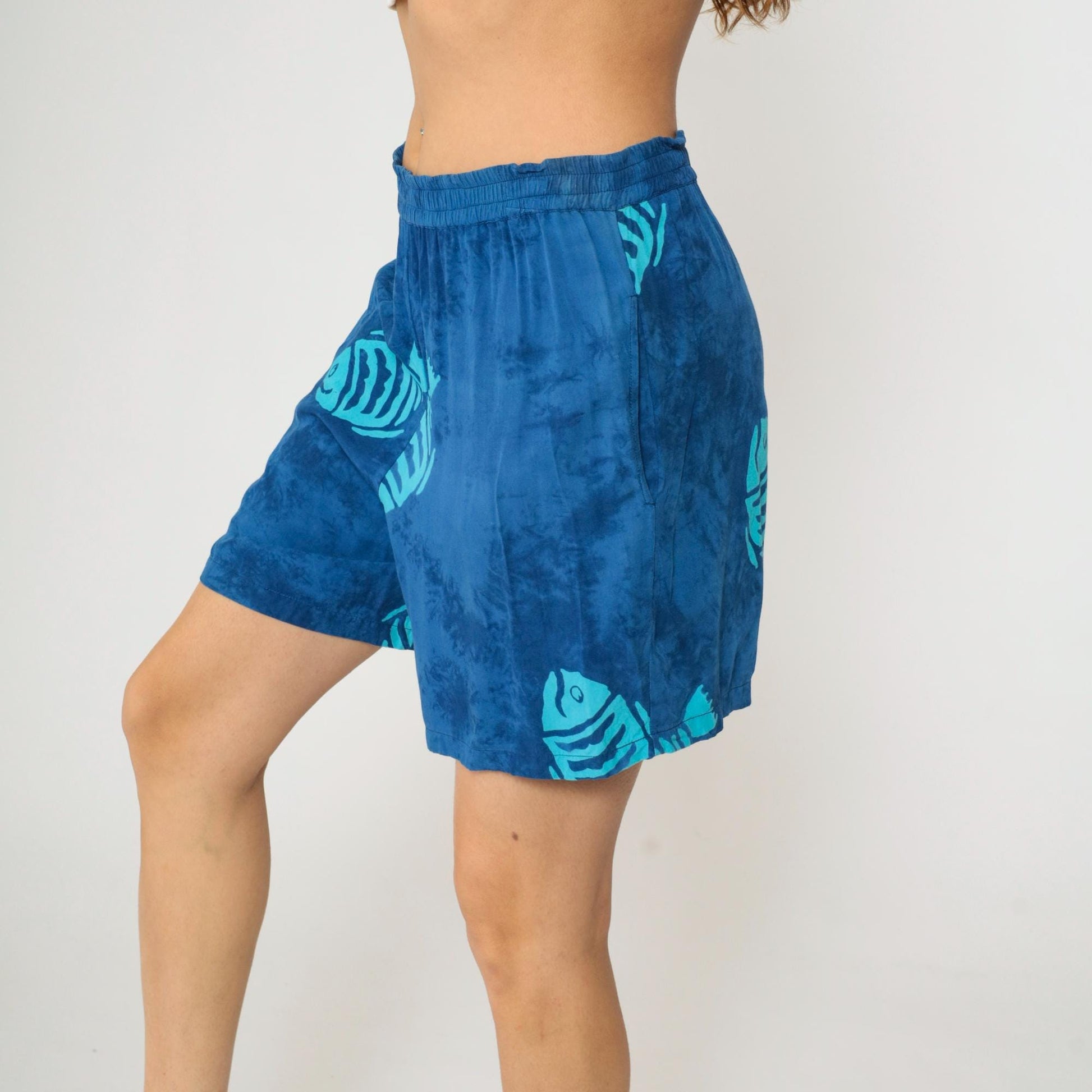 Y2K Blue Tie Dye Fish Print Shorts Elastic Waist Rayon Medium M