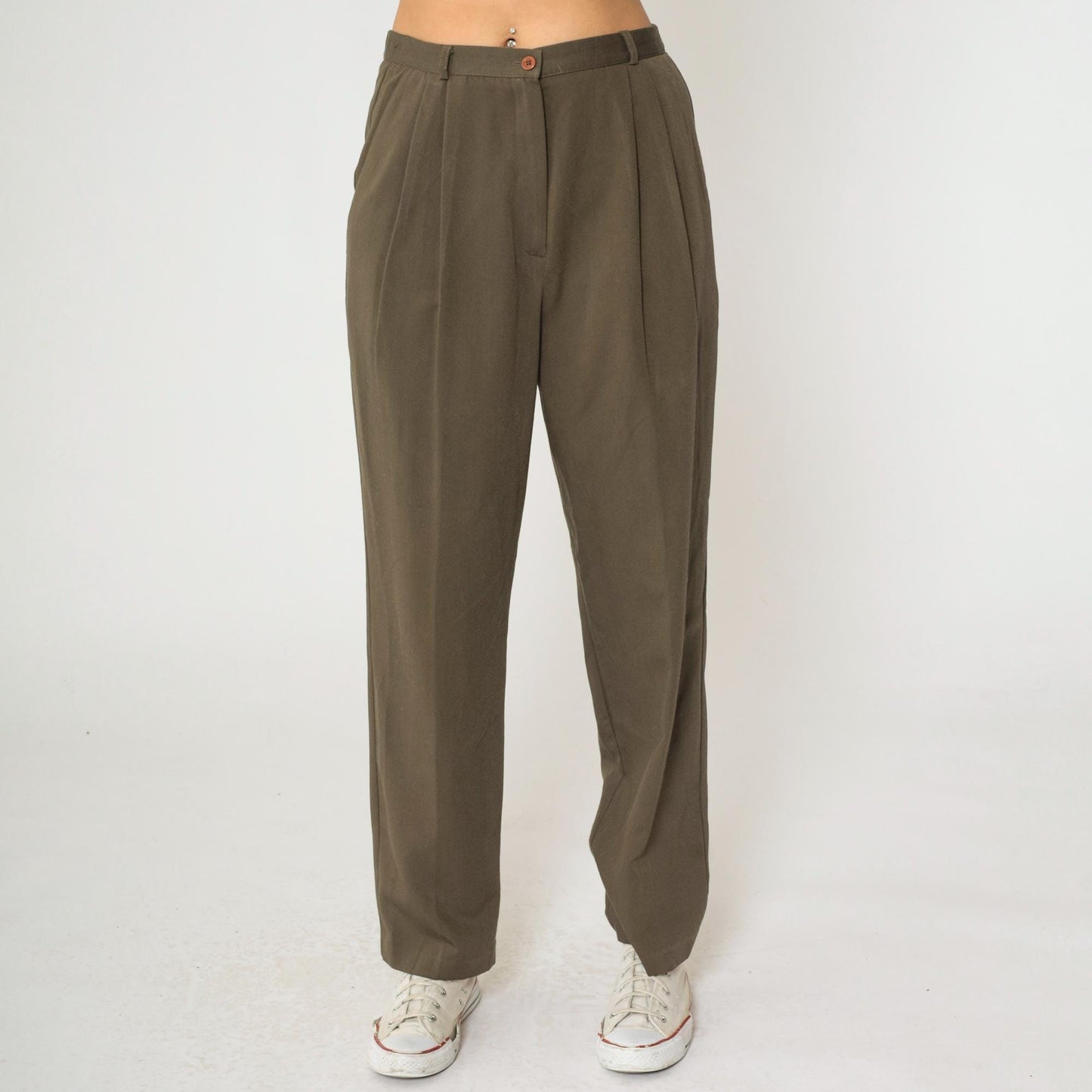 90s Brown Pleated High-Waist Trousers Tapered Leg Medium M