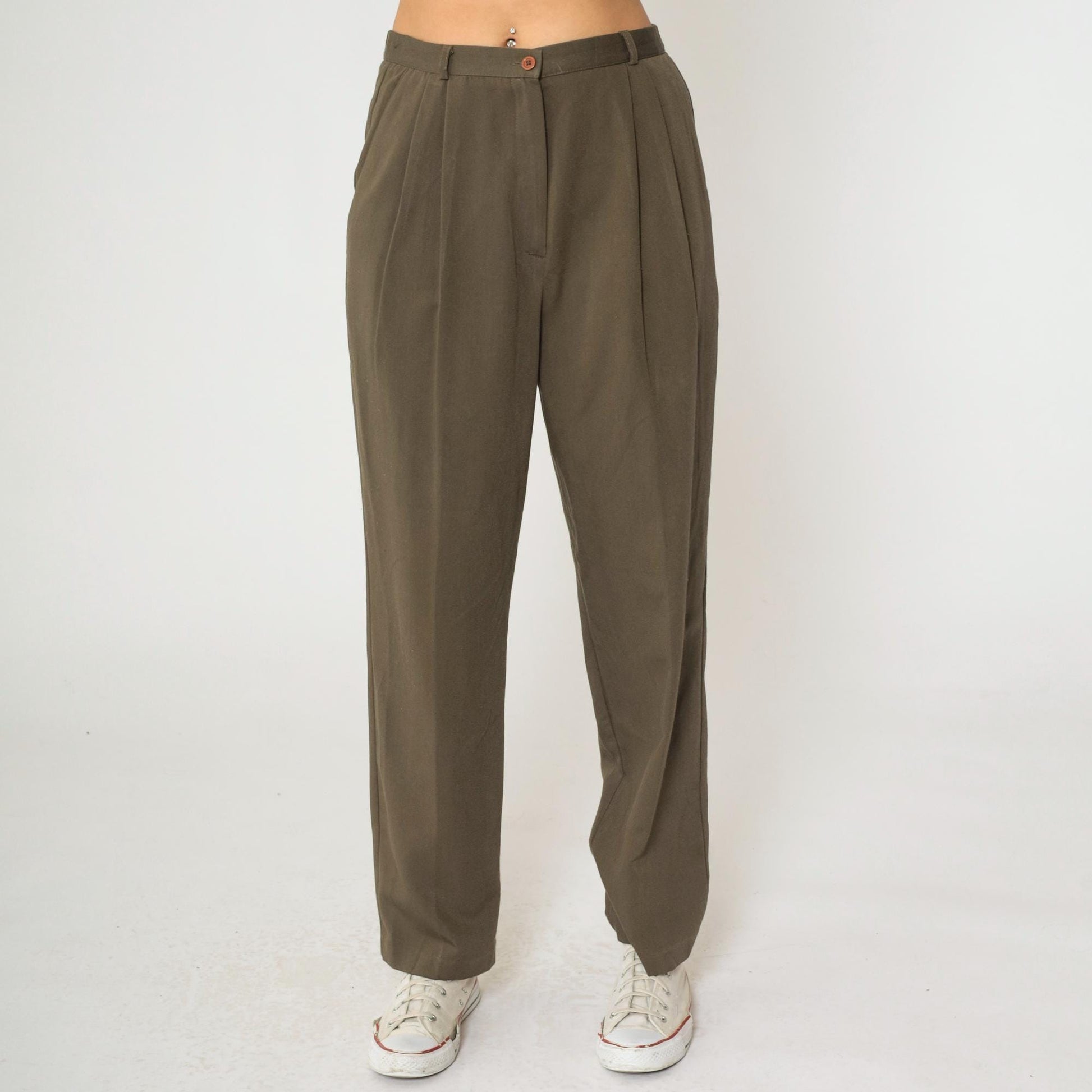 90s Brown Pleated High-Waist Trousers Tapered Leg Medium M