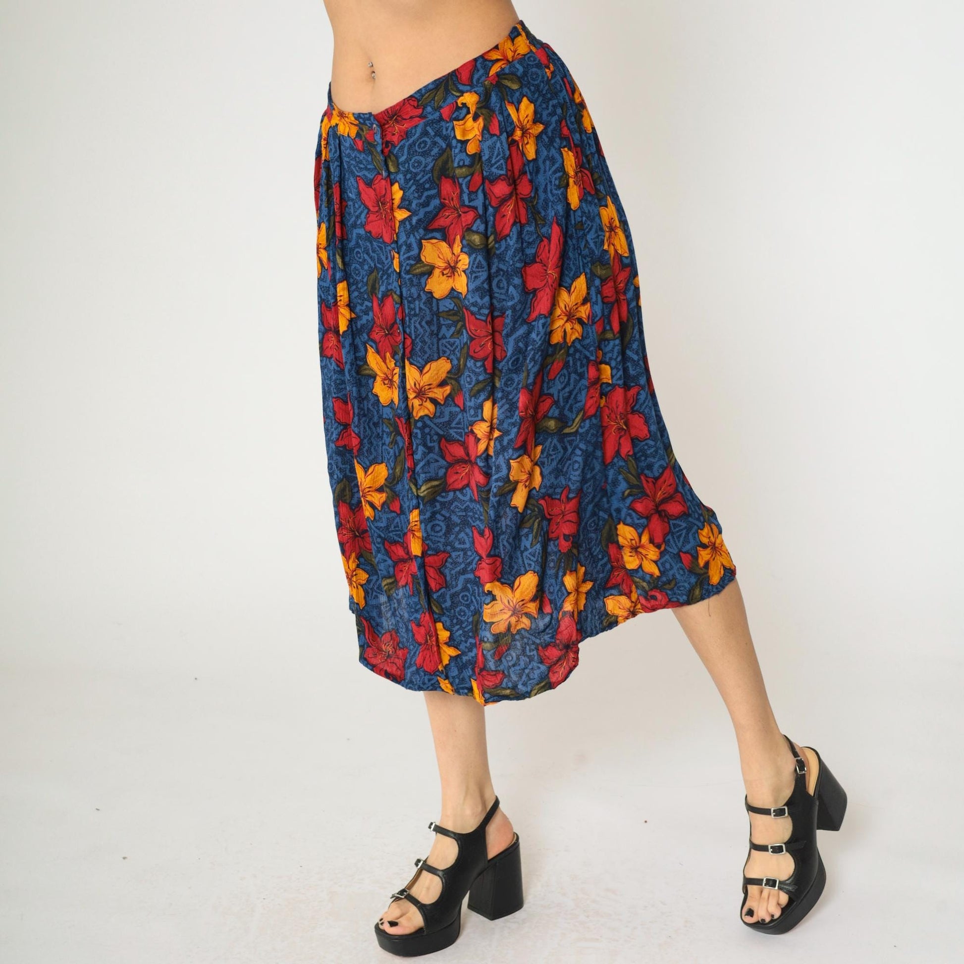 90s Maggie Lawrence Tropical Floral Midi Skirt High Waist Button Up Large L