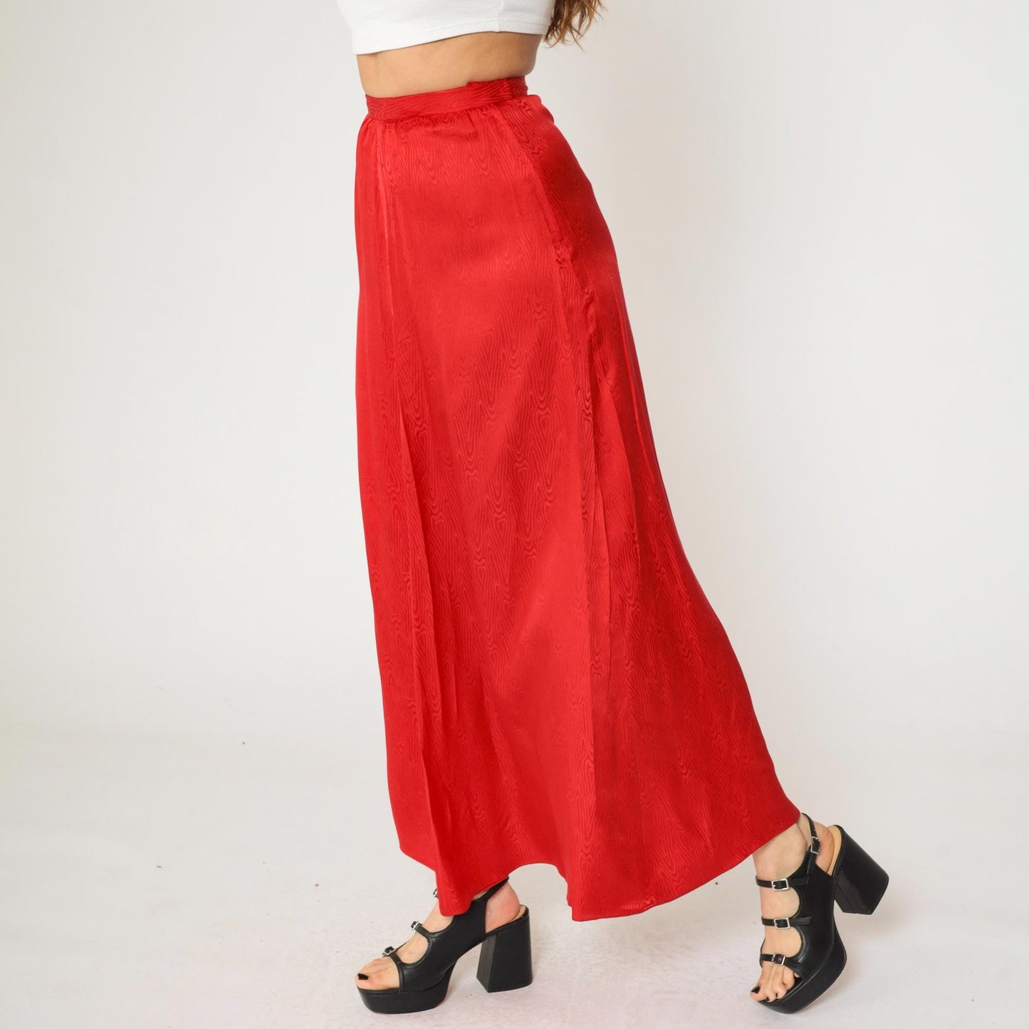 90s Red Moiré Satin Maxi Skirt High Waist A-Line Bias Cut Small