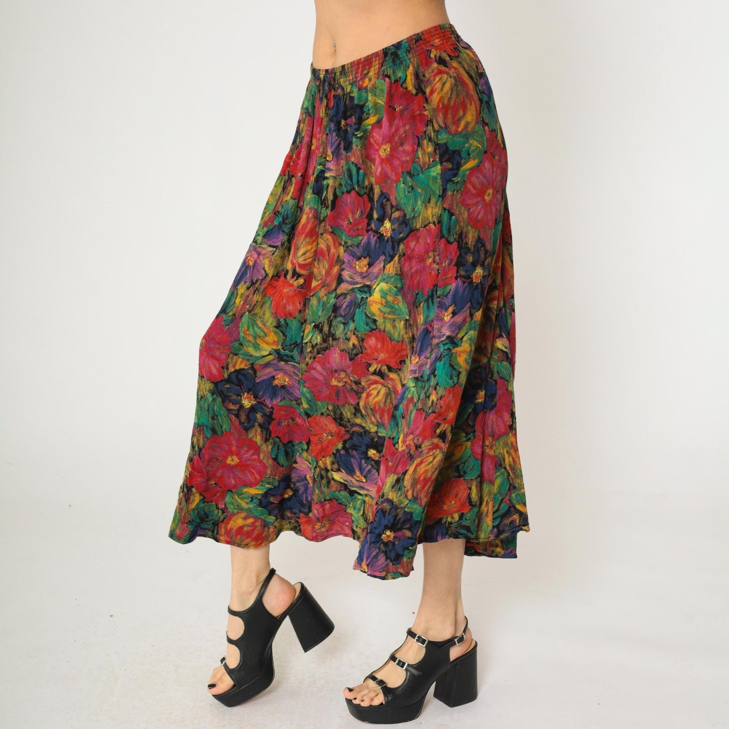 90s Floral Midi Skirt Watercolor Print High Elastic Waist Multicolor Large