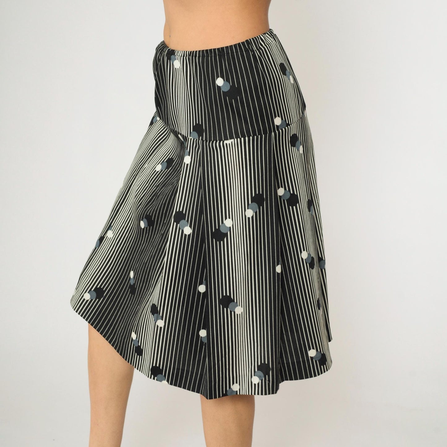 70s Black White Striped Polka Dot Mod Skirt High Waist A-Line Knee Length Small Medium