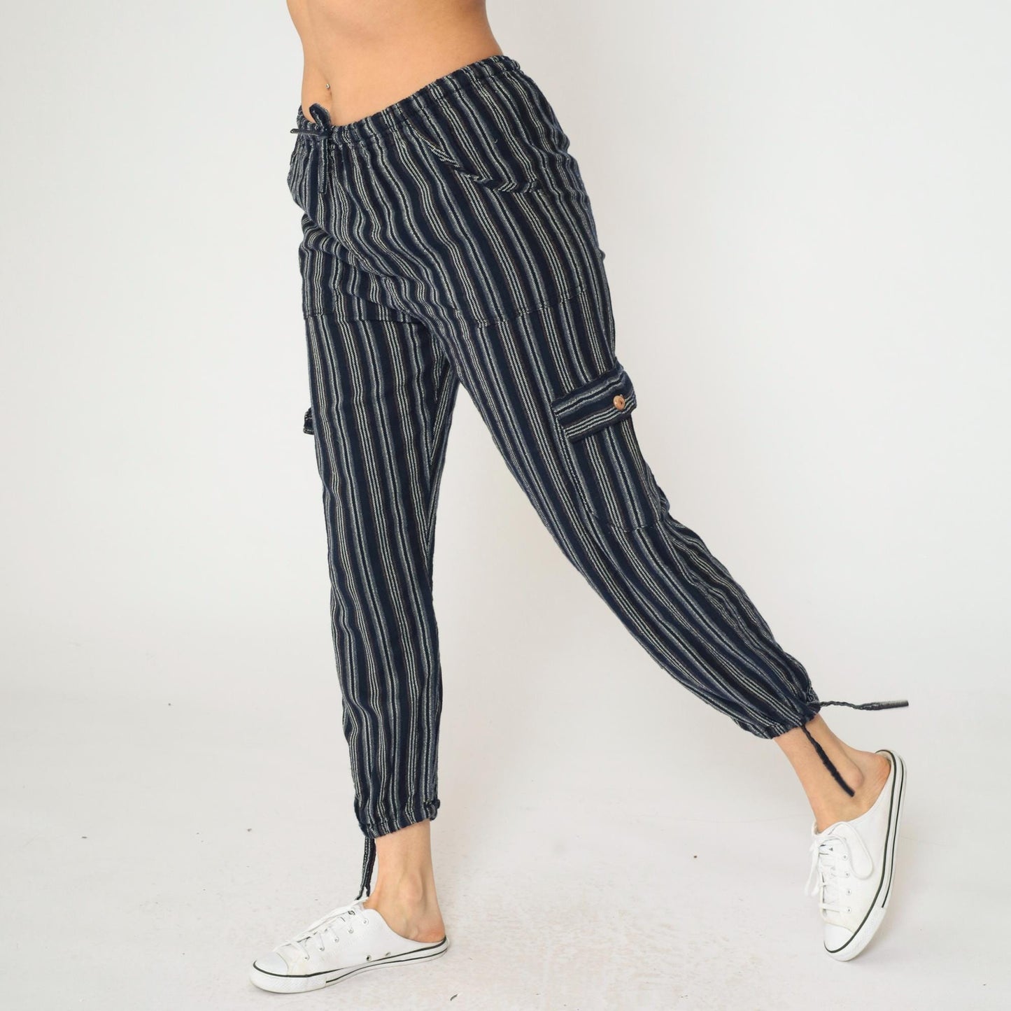 Ecuadorian Striped Navy Cargo Pants Elastic Drawstring Cropped Extra Small