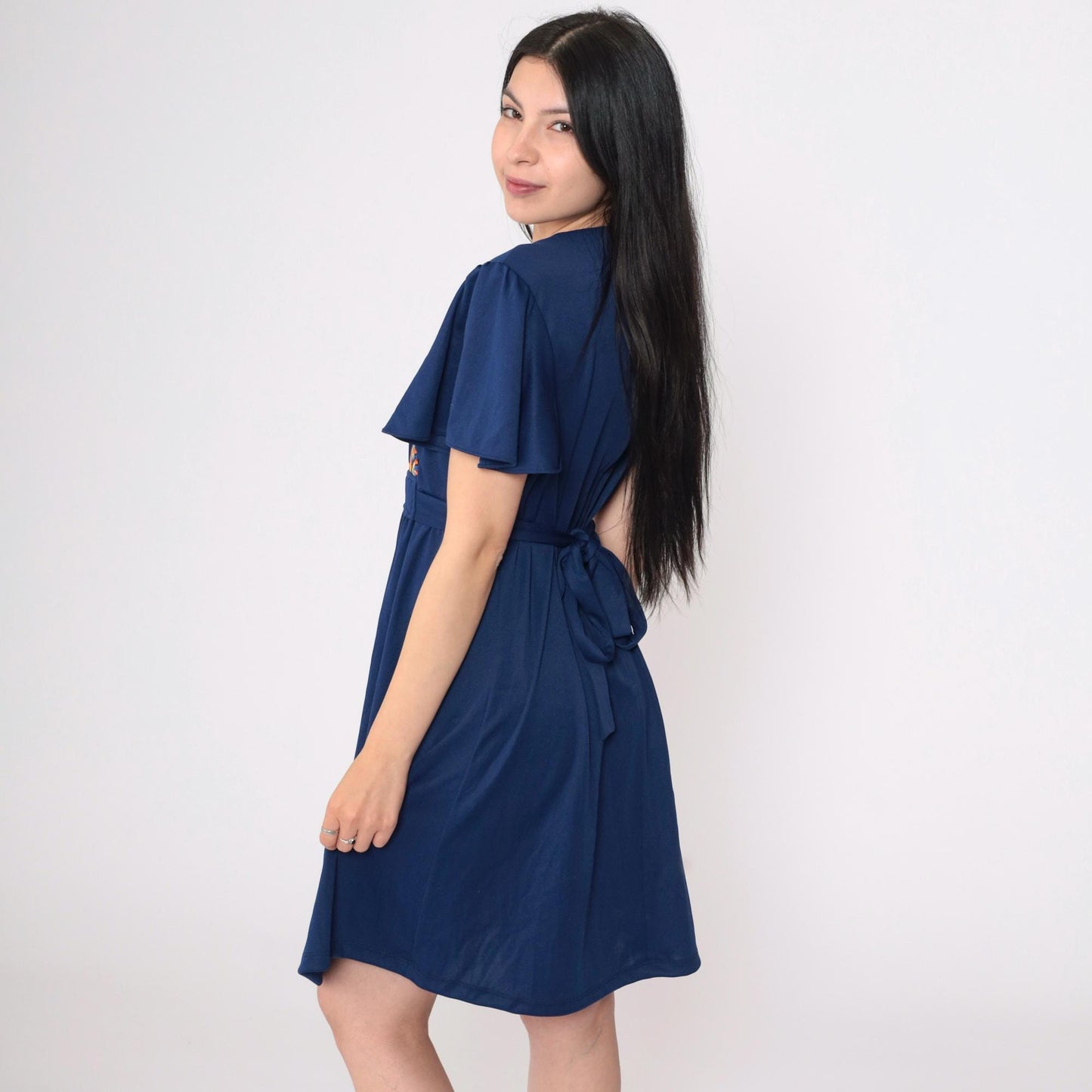 70s Navy Southwestern Empire Waist Mini Dress Flutter Sleeve Medium Large