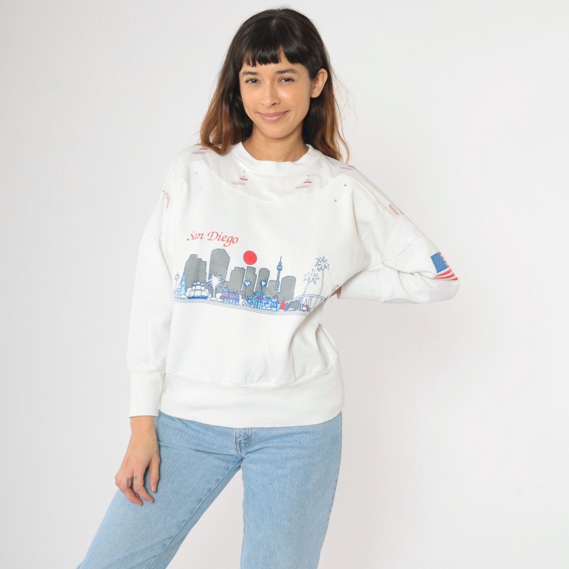 90s San Diego Nautical Sailboat Sweatshirt White Glitter Rhinestone Medium