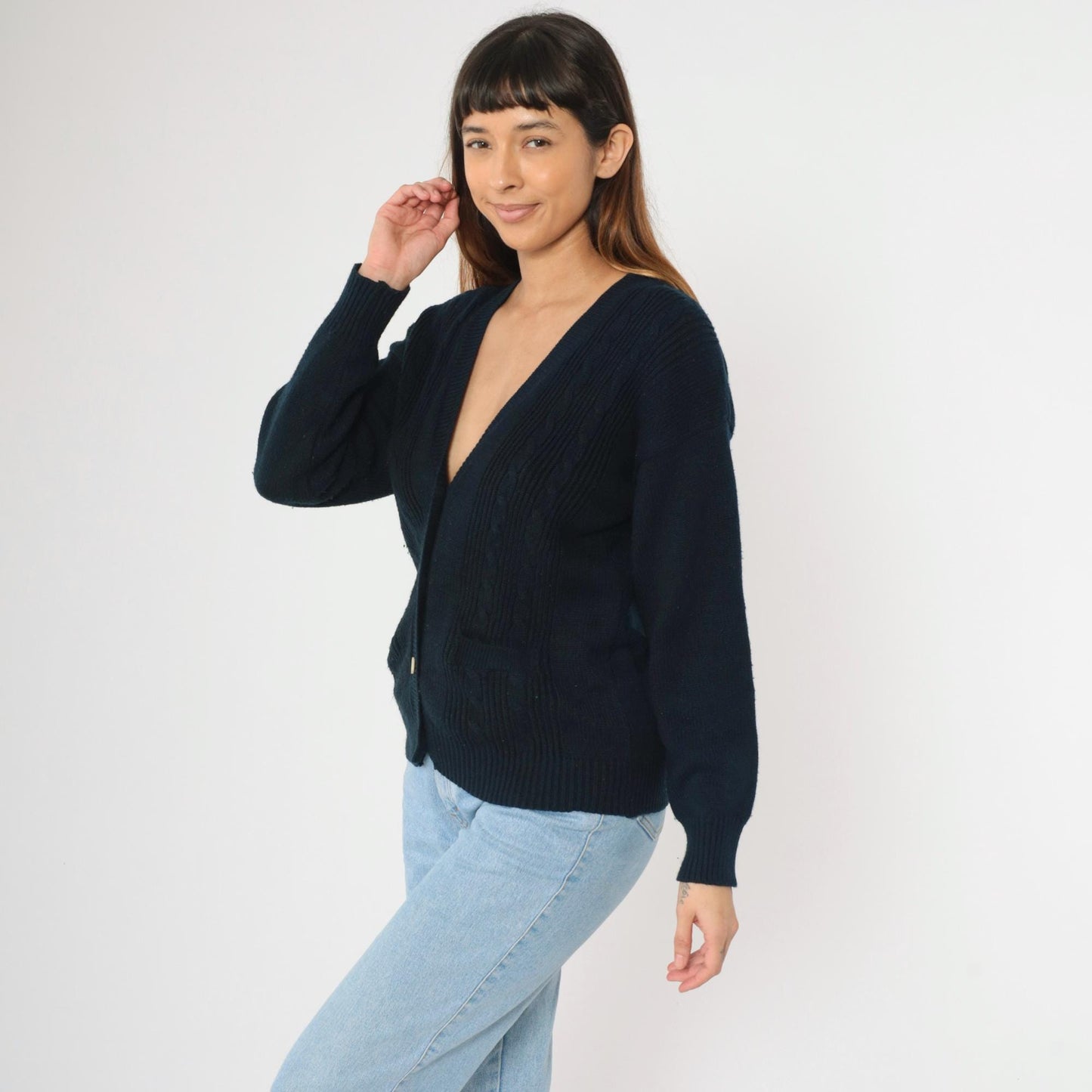 90s Navy Cable Knit Cardigan Button-Up V-Neck Sweater Small S