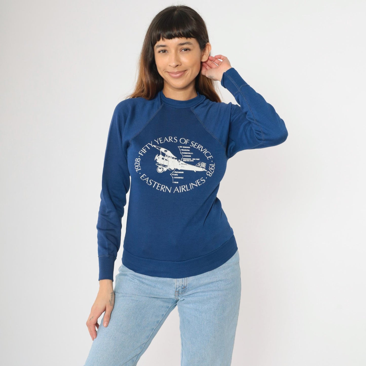 70s Eastern Airlines Sweatshirt Blue Airplane Graphic Raglan Crewneck Extra Small