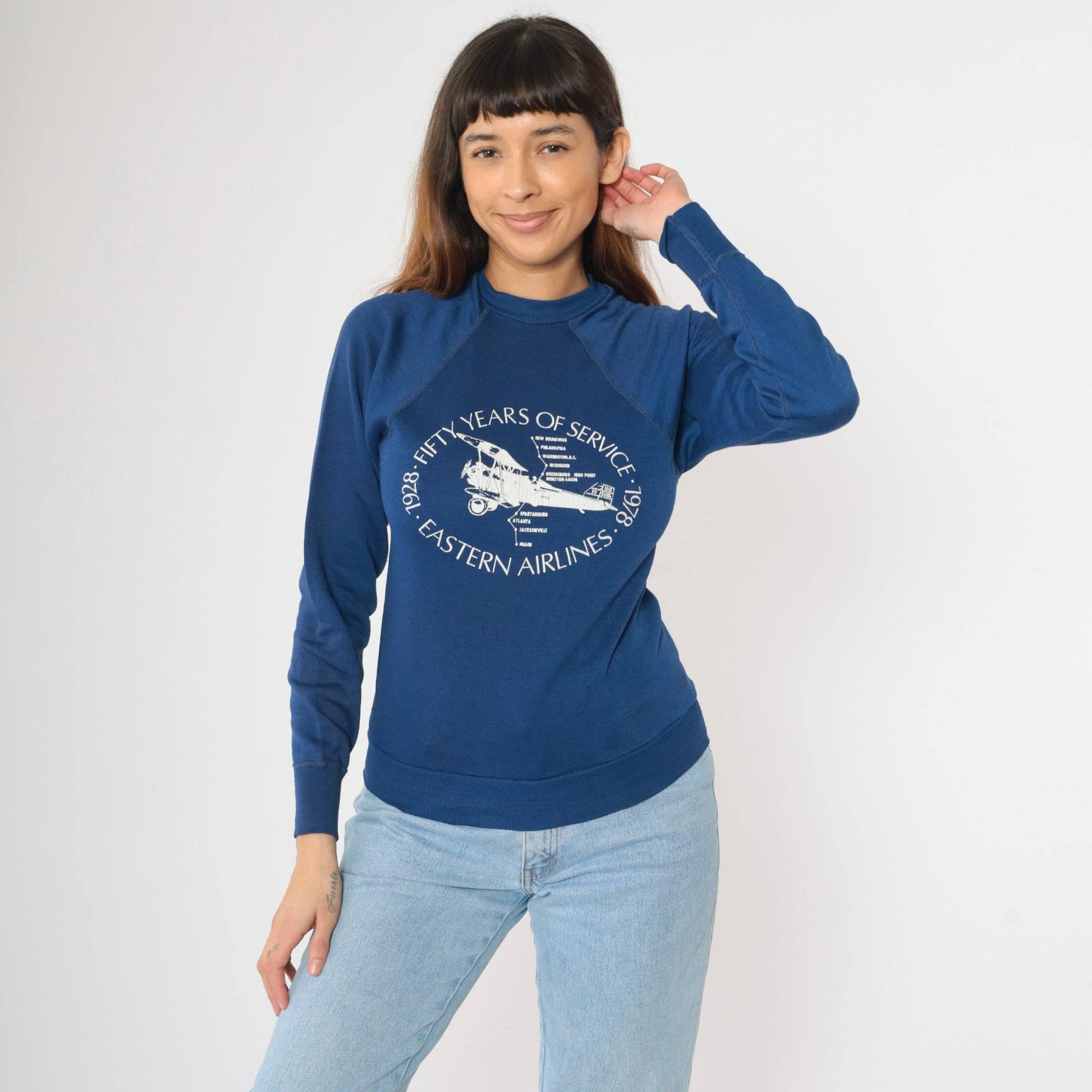 70s Eastern Airlines Sweatshirt Blue Airplane Graphic Raglan Crewneck Extra Small