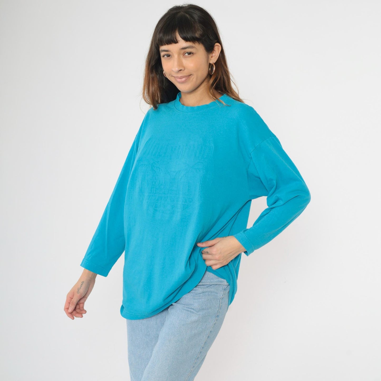 90s Hollywood Los Angeles Embossed Graphic Long Sleeve Tee Turquoise Extra Large XL