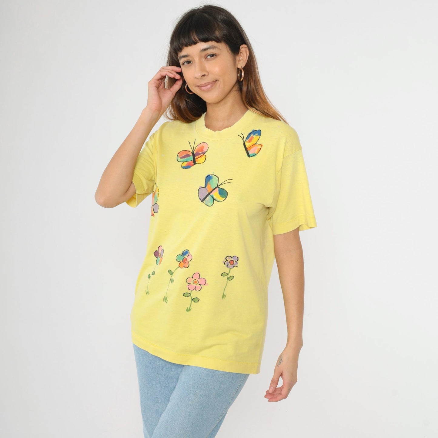 90s Fruit of the Loom Floral Butterfly Graphic T-Shirt Yellow Single Stitch Large L