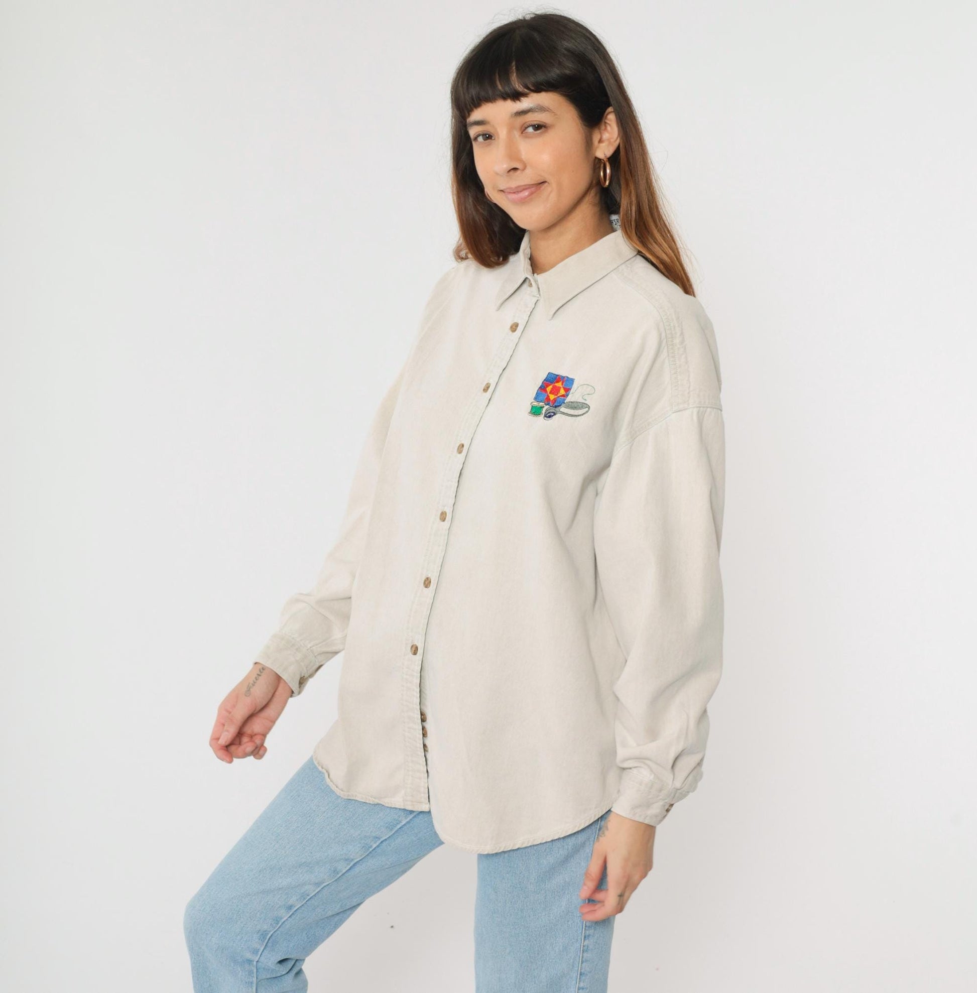 90s Three Rivers Beige Denim Shirt Quilting Embroidery Button Up Extra Large XL