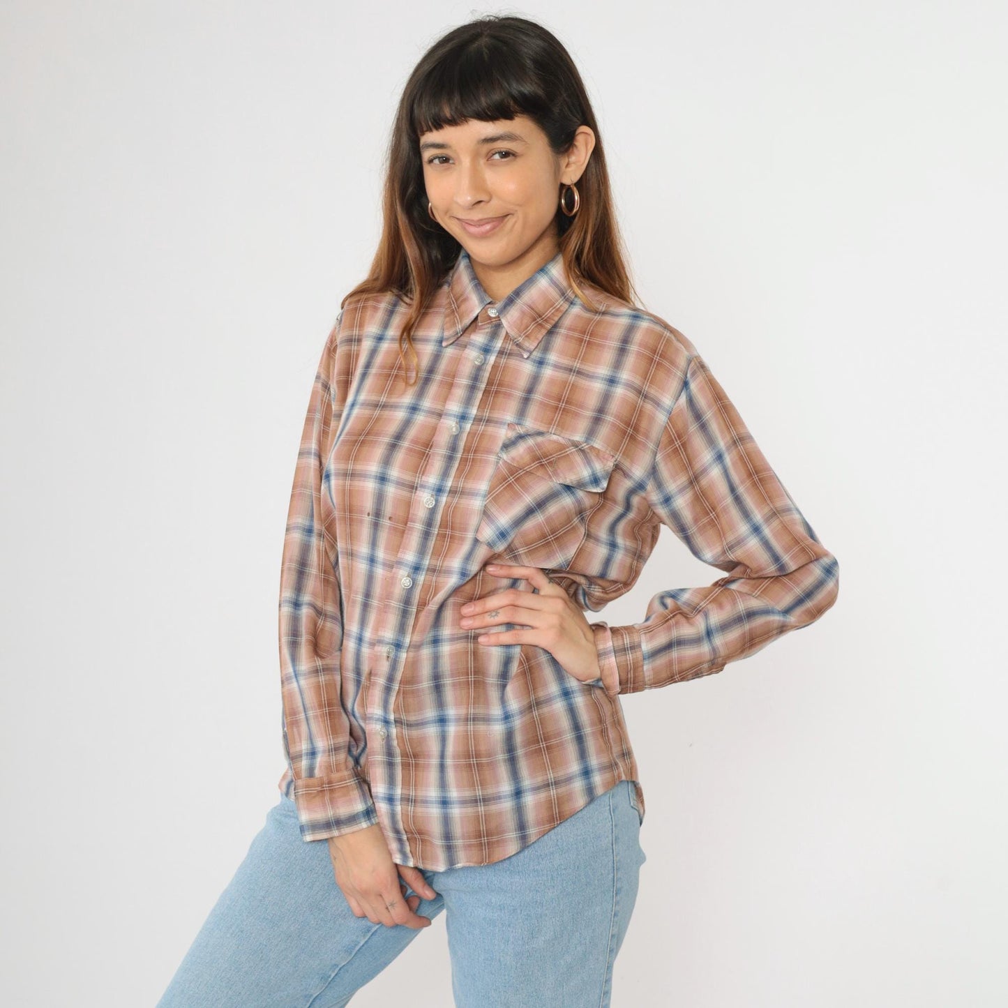 80s Tan Blue Pink Plaid Button Up Shirt Long Sleeve Men's Medium